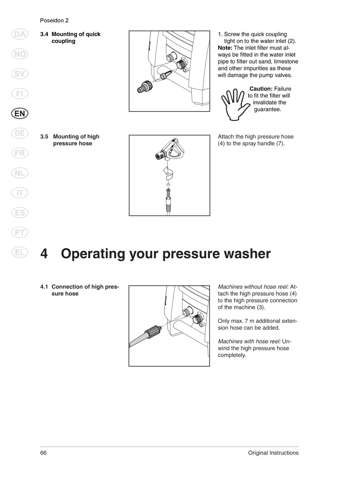 Nilfisk-ALTO 2 manual Operating your pressure washer, Mounting of quick coupling, Mounting of high pressure hose 