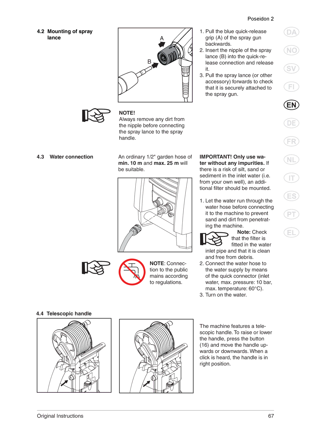 Nilfisk-ALTO 2 manual Mounting of spray lance, Water connection Telescopic handle 