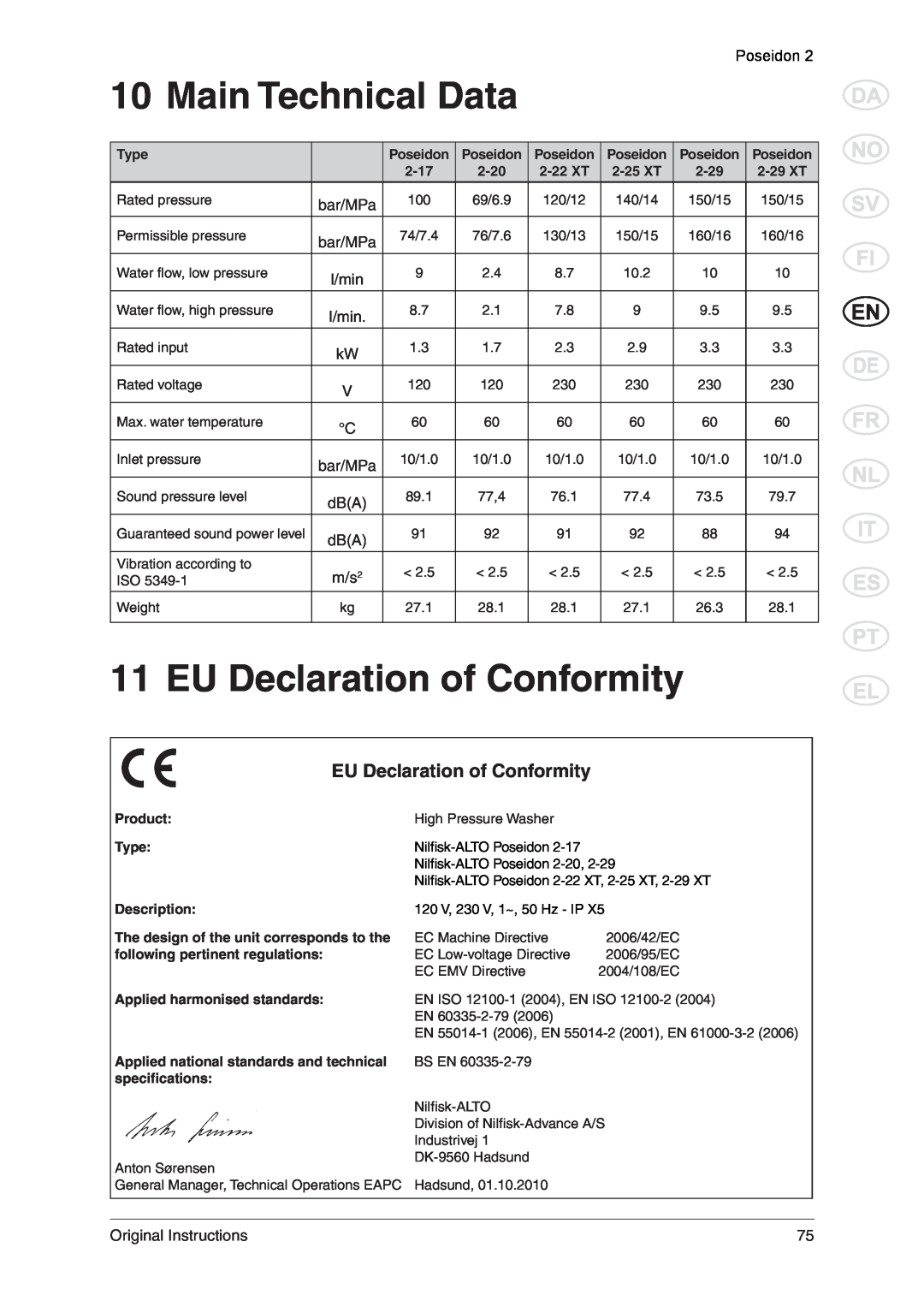 Nilfisk-ALTO 2 manual Main Technical Data, EU Declaration of Conformity, Poseidon 
