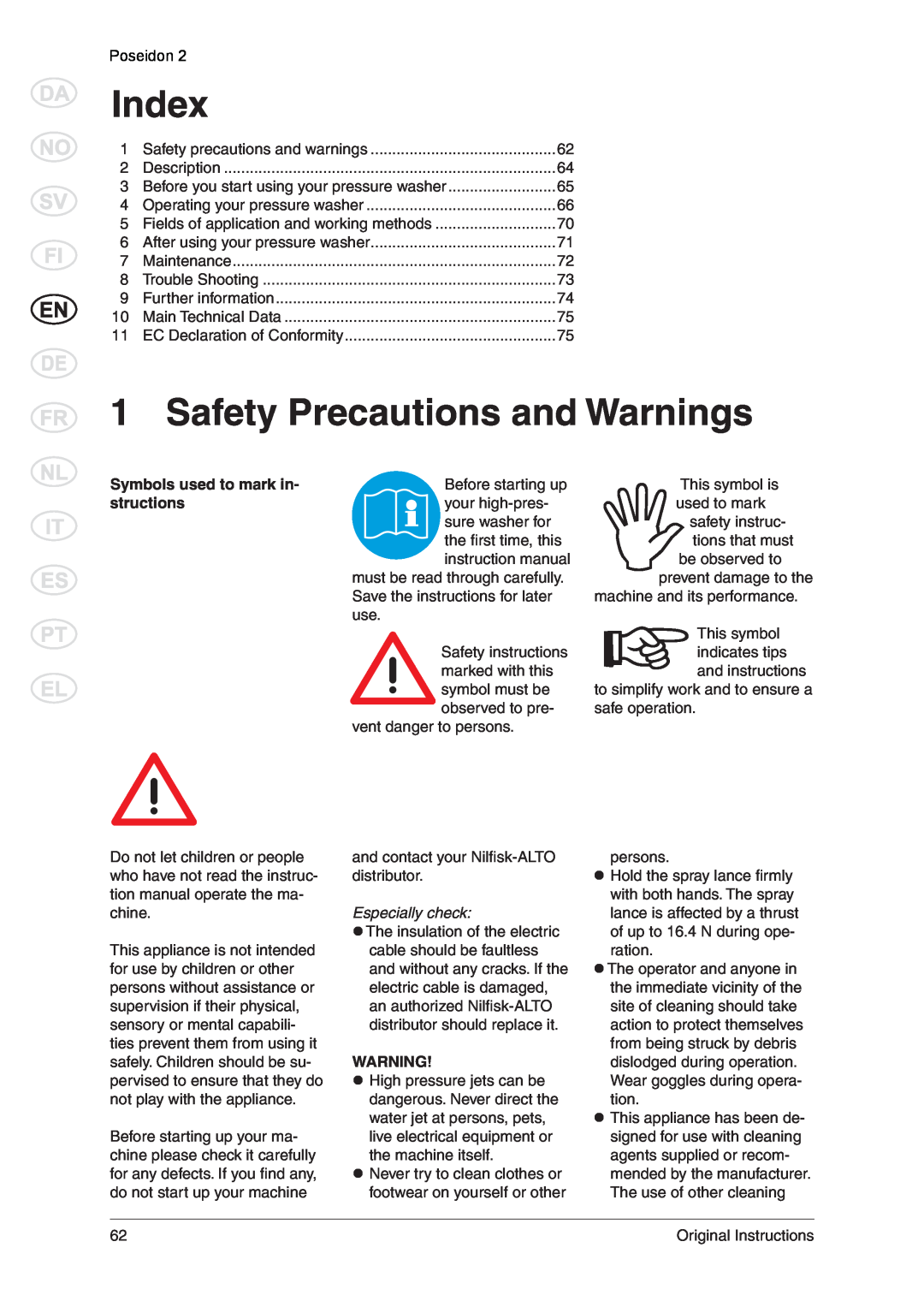 Nilfisk-ALTO 2 manual Index, Safety Precautions and Warnings, Poseidon, Symbols used to mark in, structions 
