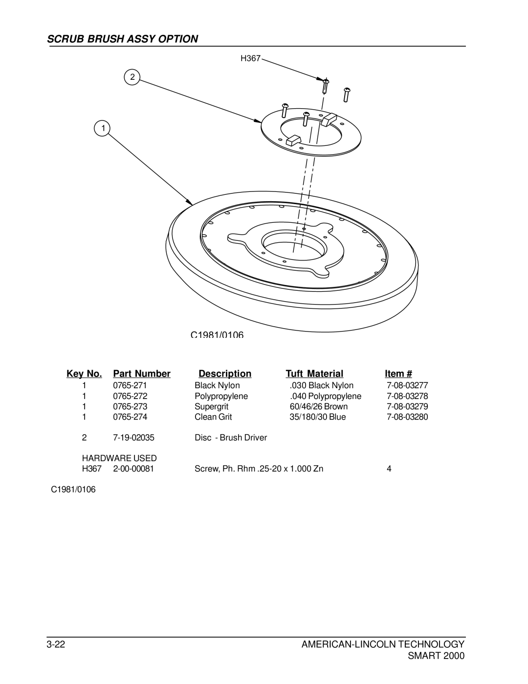 Nilfisk-ALTO 2000 manual Scrub Brush Assy Option, Part Number Description Tuft Material Item # 