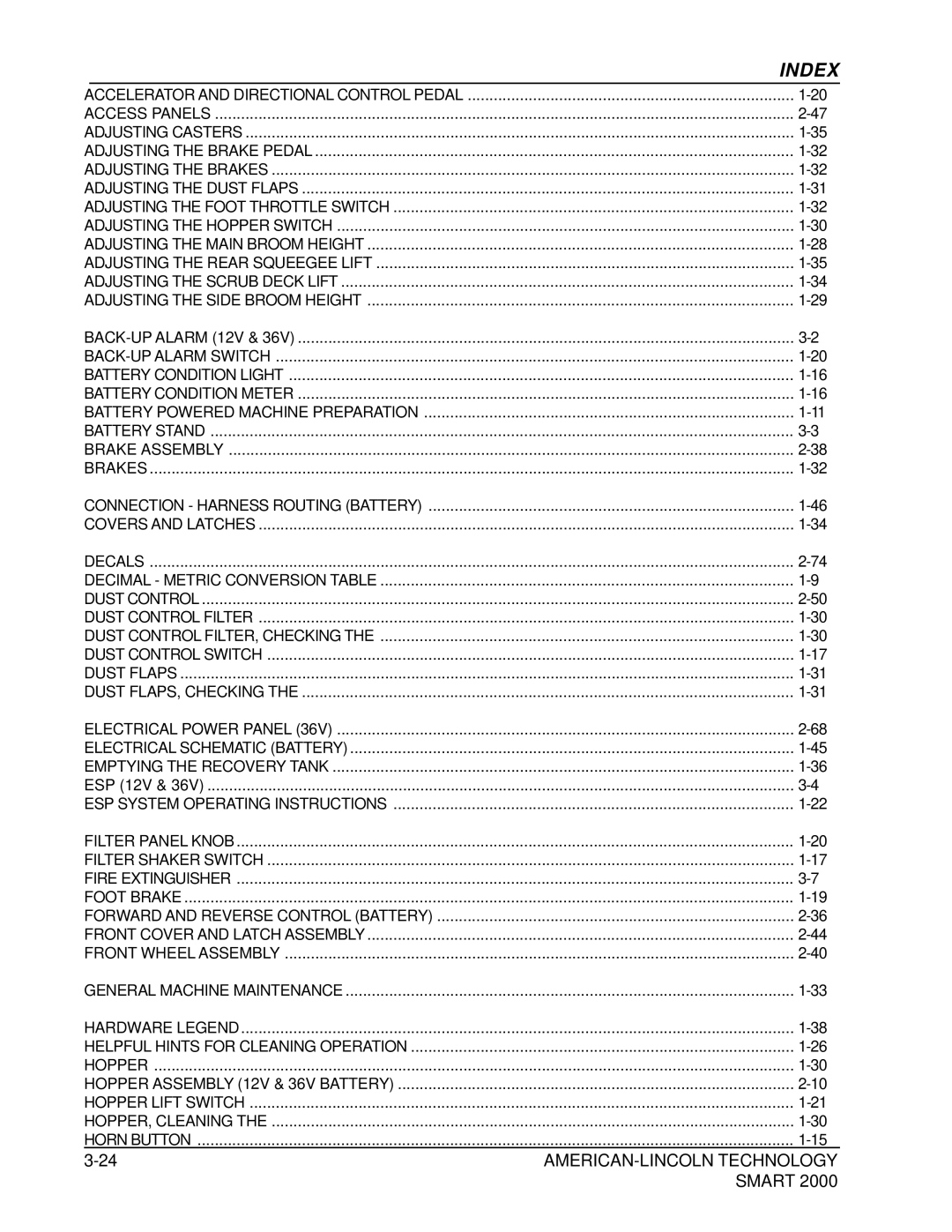 Nilfisk-ALTO 2000 manual Index, Accelerator and Directional Control Pedal 