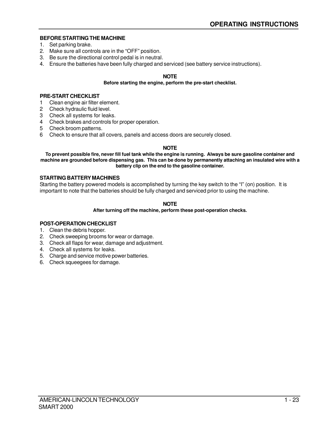 Nilfisk-ALTO 2000 Operating Instructions, Before Starting the Machine, PRE-START Checklist, Starting Battery Machines 