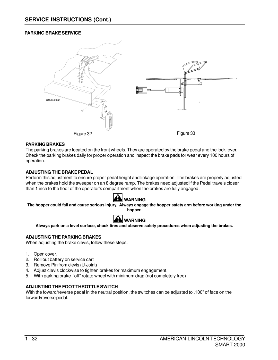 Nilfisk-ALTO 2000 manual Parking Brake Service, Adjusting the Brake Pedal, Adjusting the Parking Brakes 