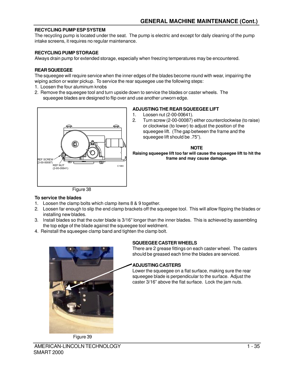 Nilfisk-ALTO 2000 manual Recycling Pump ESP System, Recycling Pump Storage, Adjusting the Rear Squeegee Lift 