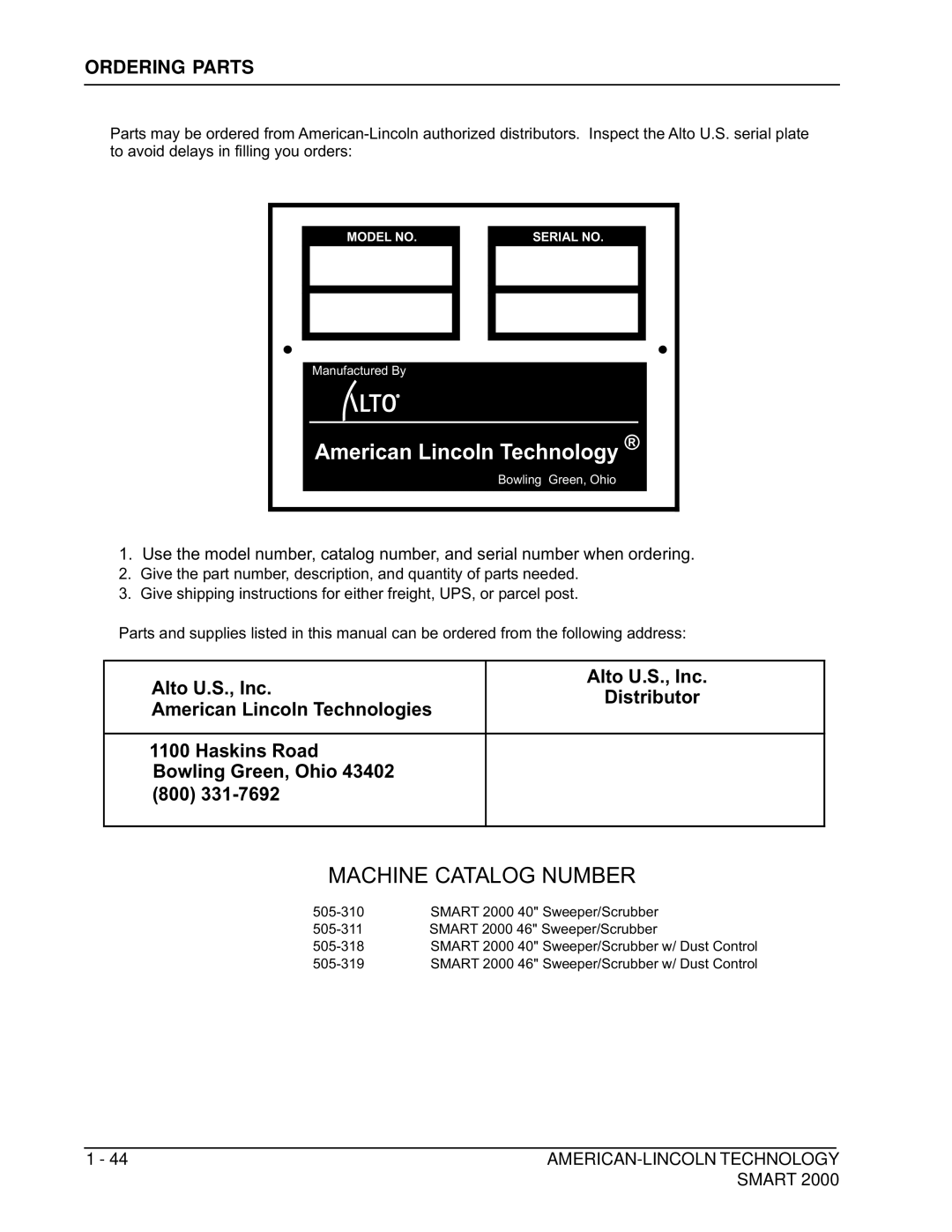 Nilfisk-ALTO 2000 manual American Lincoln Technology, Ordering Parts 