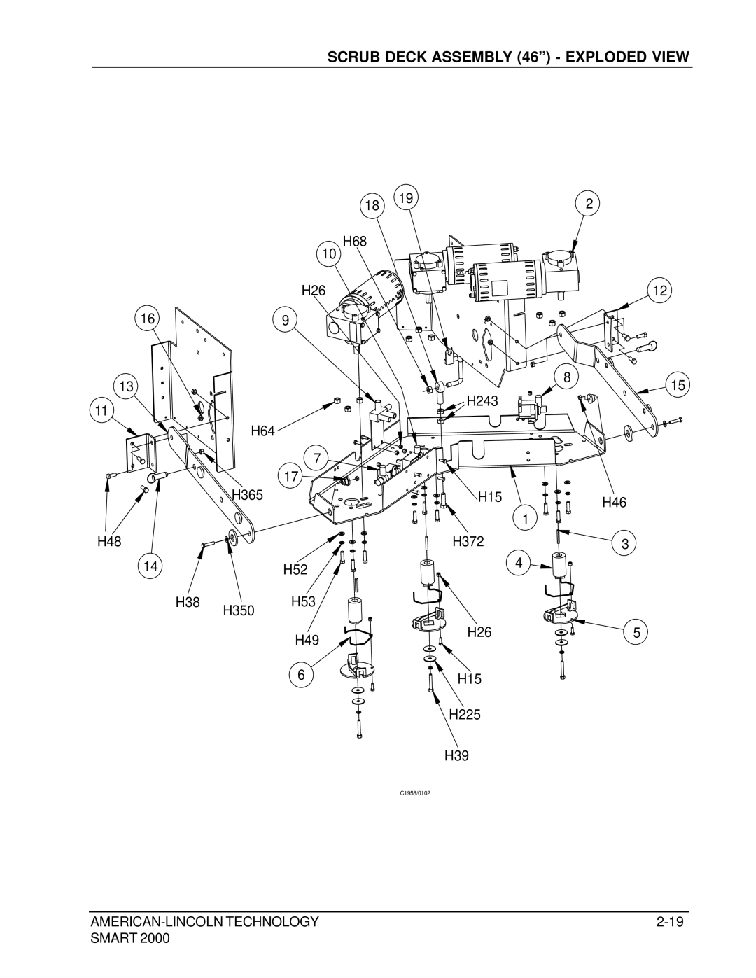 Nilfisk-ALTO 2000 manual Scrub Deck Assembly 46 Exploded View 