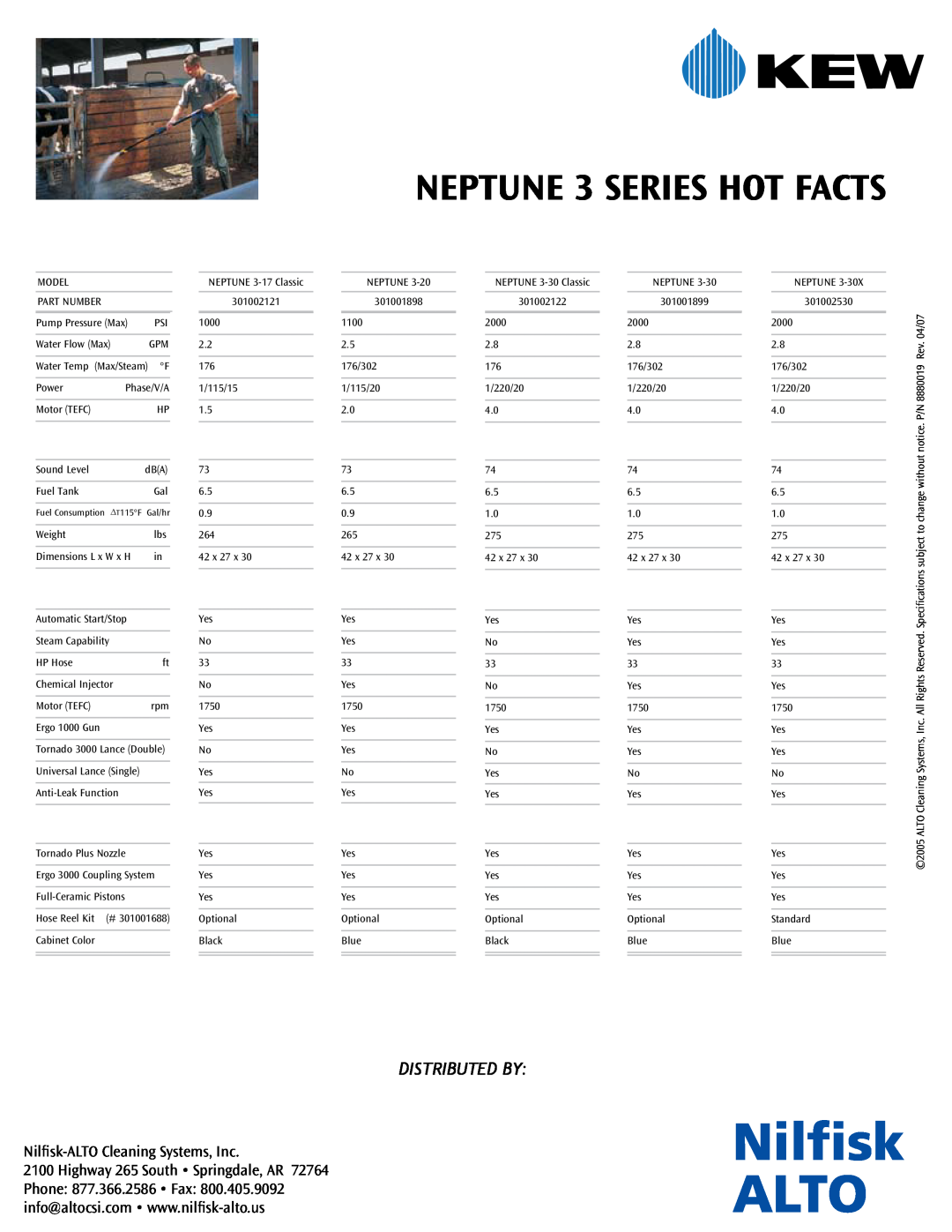 Nilfisk-ALTO 3 Series manual Nilfisk-ALTOCleaning Systems, Inc, NEPTUNE 3 SERIES HOT FACTS, Distributed By 