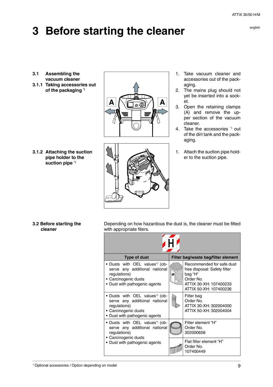 Nilfisk-ALTO 30 H, 30 M operating instructions Before starting the cleaner, Type of dust Filter bag/waste bag/filter element 