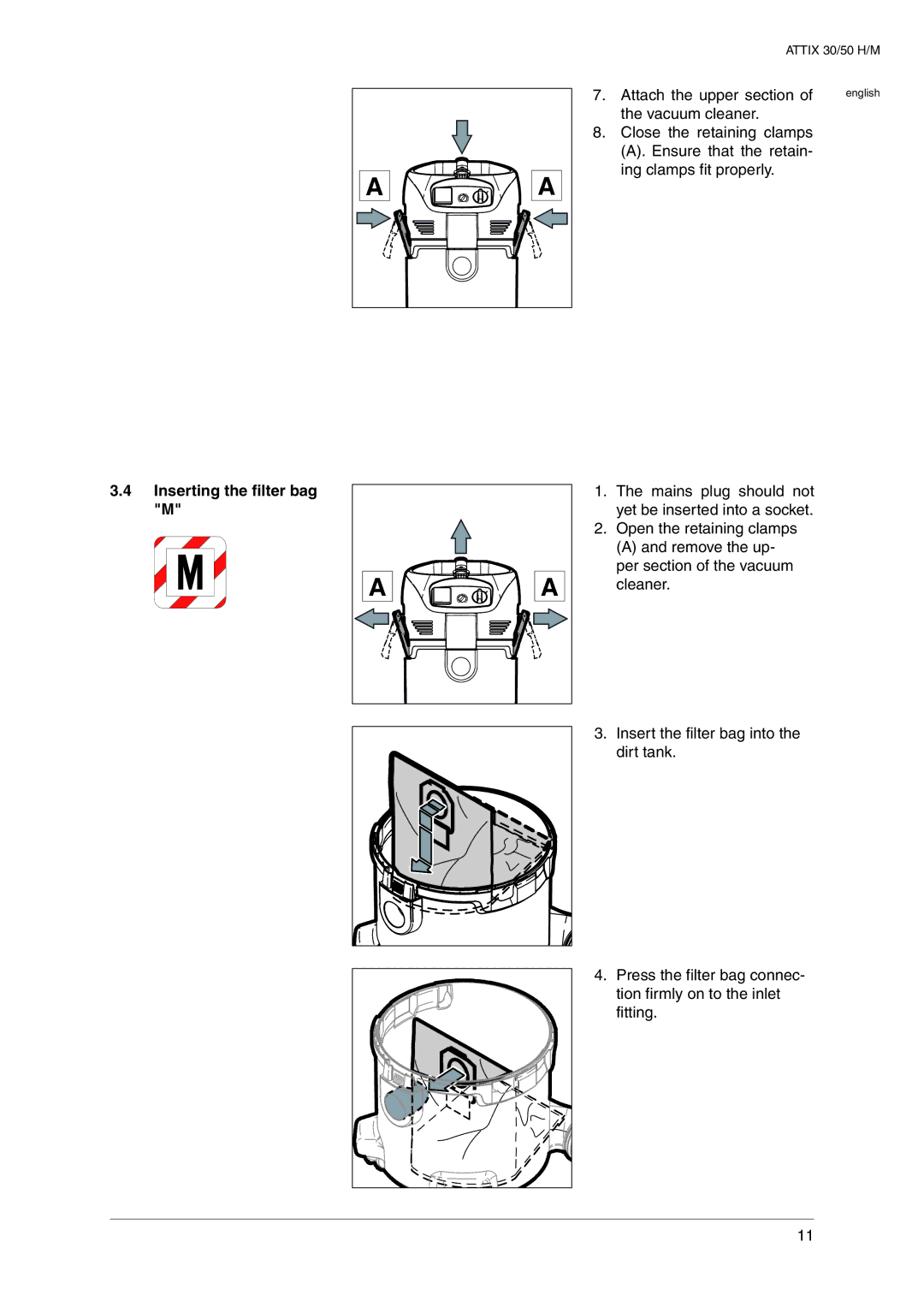 Nilfisk-ALTO 30 H, 30 M operating instructions Inserting the filter bag M 