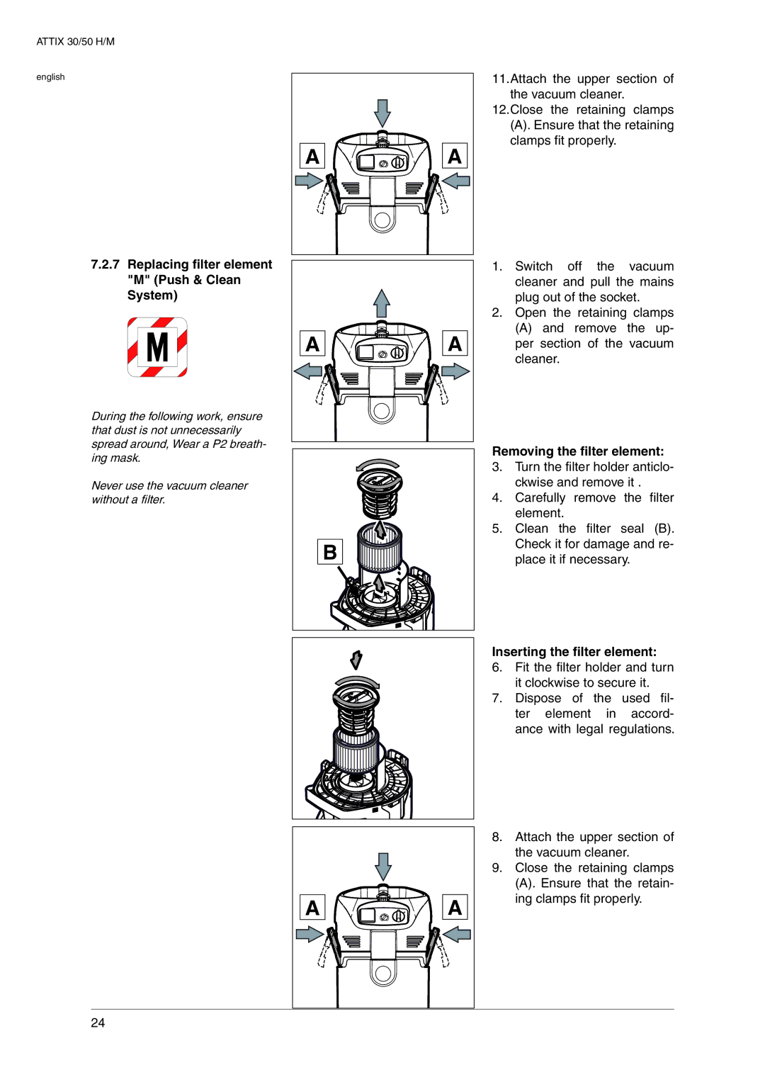 Nilfisk-ALTO 30 M, 30 H operating instructions Replacing filter element M Push & Clean System 