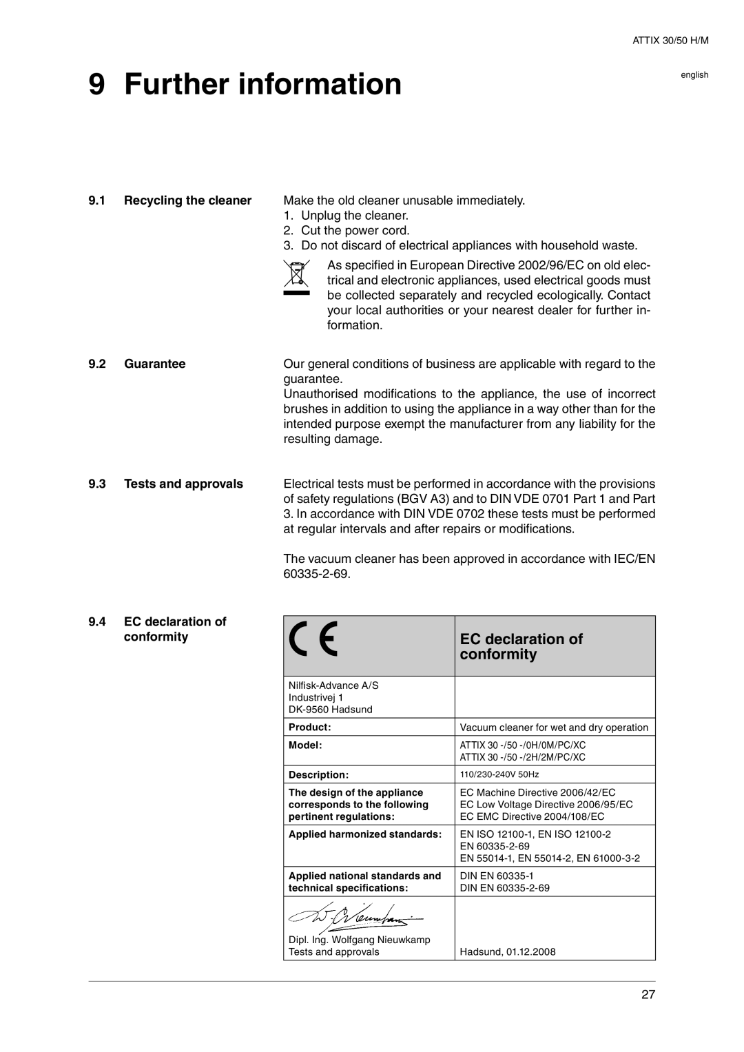 Nilfisk-ALTO 30 H, 30 M operating instructions Further information, Guarantee, EC declaration of conformity 