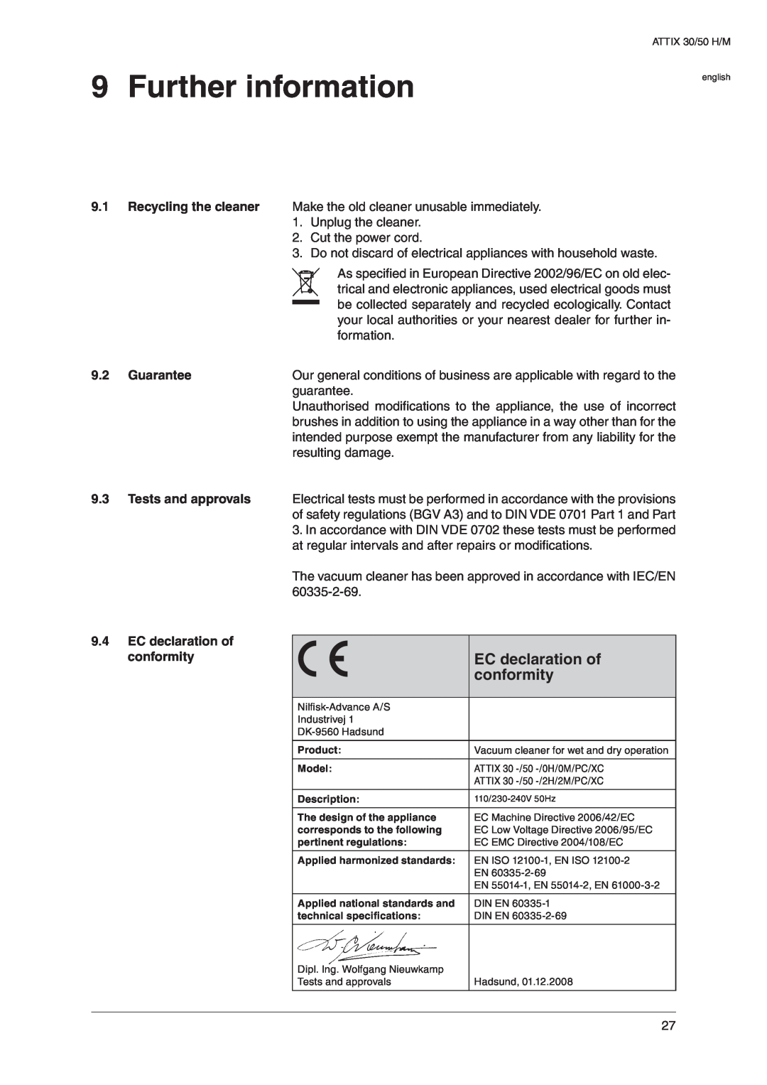 Nilfisk-ALTO 30 H, 30 M operating instructions Further information, Guarantee, 9.4EC declaration of conformity 