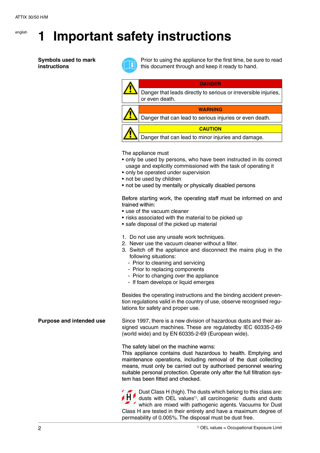 Nilfisk-ALTO 30 M, 30 H operating instructions english 1 Important safety instructions, Symbols used to mark 