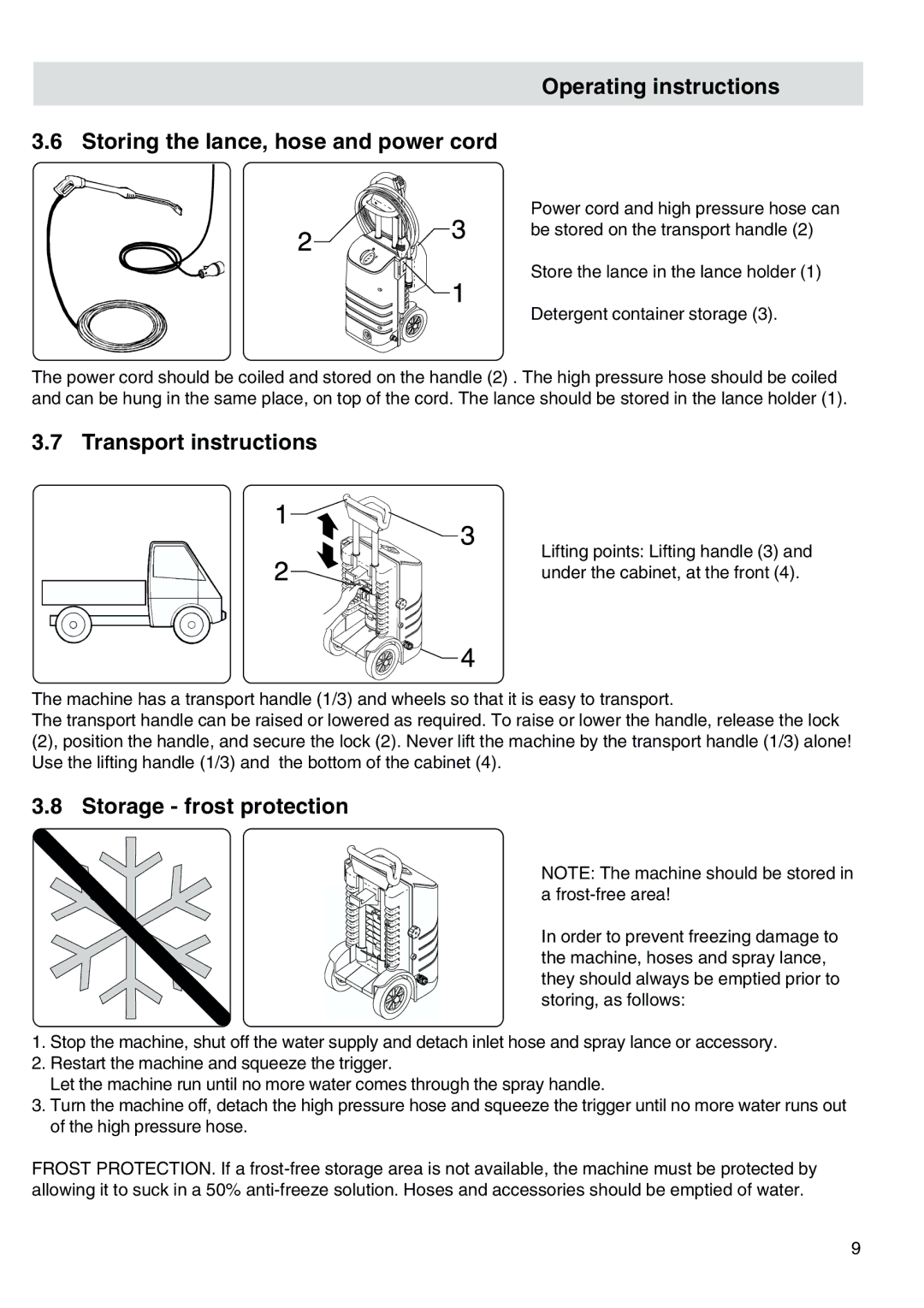 Nilfisk-ALTO 30CA COMPACT I owner manual Transport instructions, Storage frost protection 