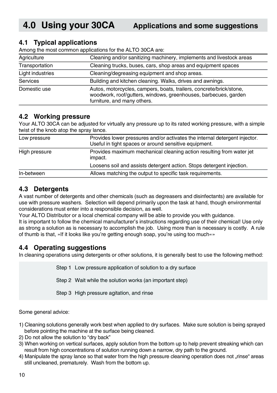 Nilfisk-ALTO 30CA COMPACT I owner manual Typical applications, Working pressure, Detergents, Operating suggestions 