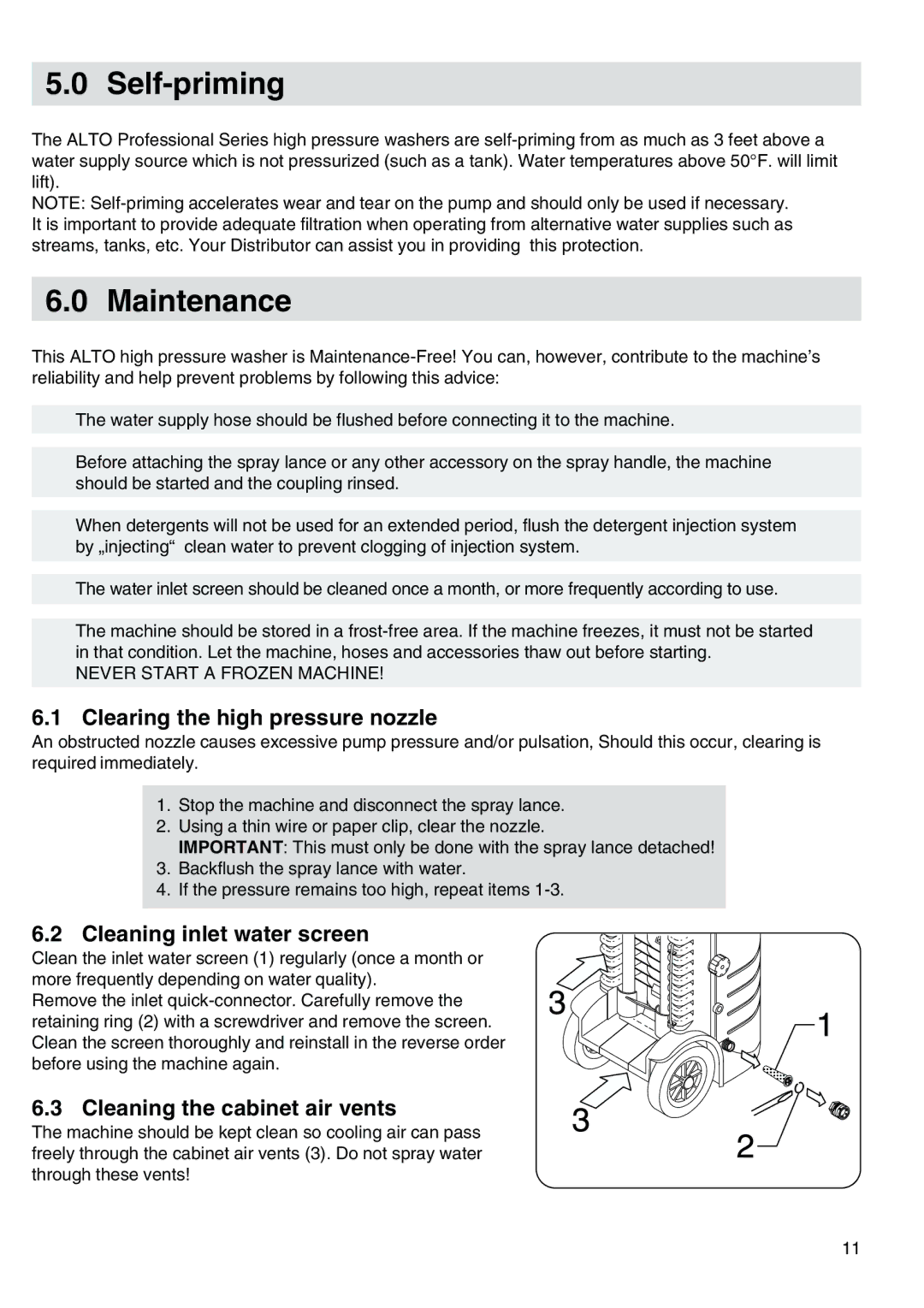 Nilfisk-ALTO 30CA COMPACT I Self-priming, Maintenance, Clearing the high pressure nozzle, Cleaning inlet water screen 