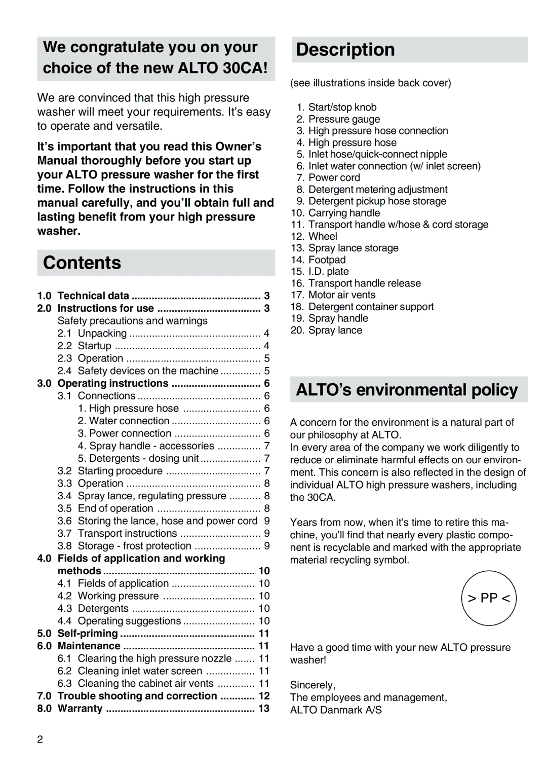 Nilfisk-ALTO 30CA COMPACT I owner manual Contents, Description 