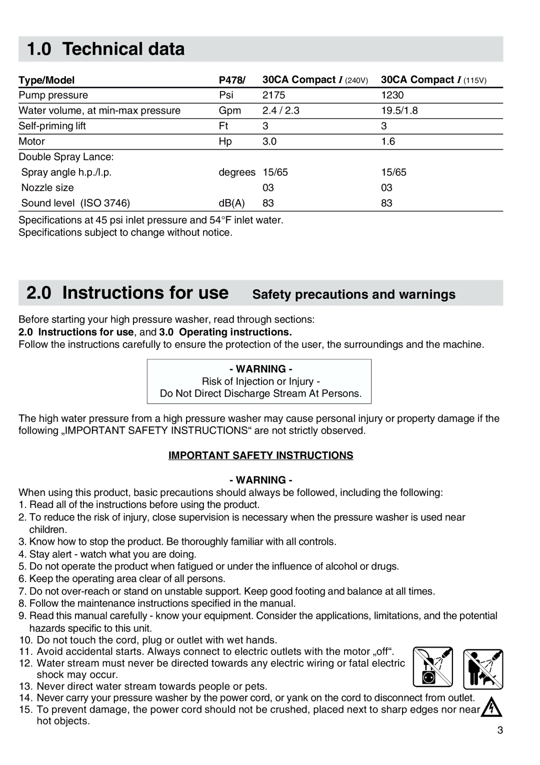 Nilfisk-ALTO 30CA COMPACT I owner manual Technical data, Instructions for use Safety precautions and warnings 