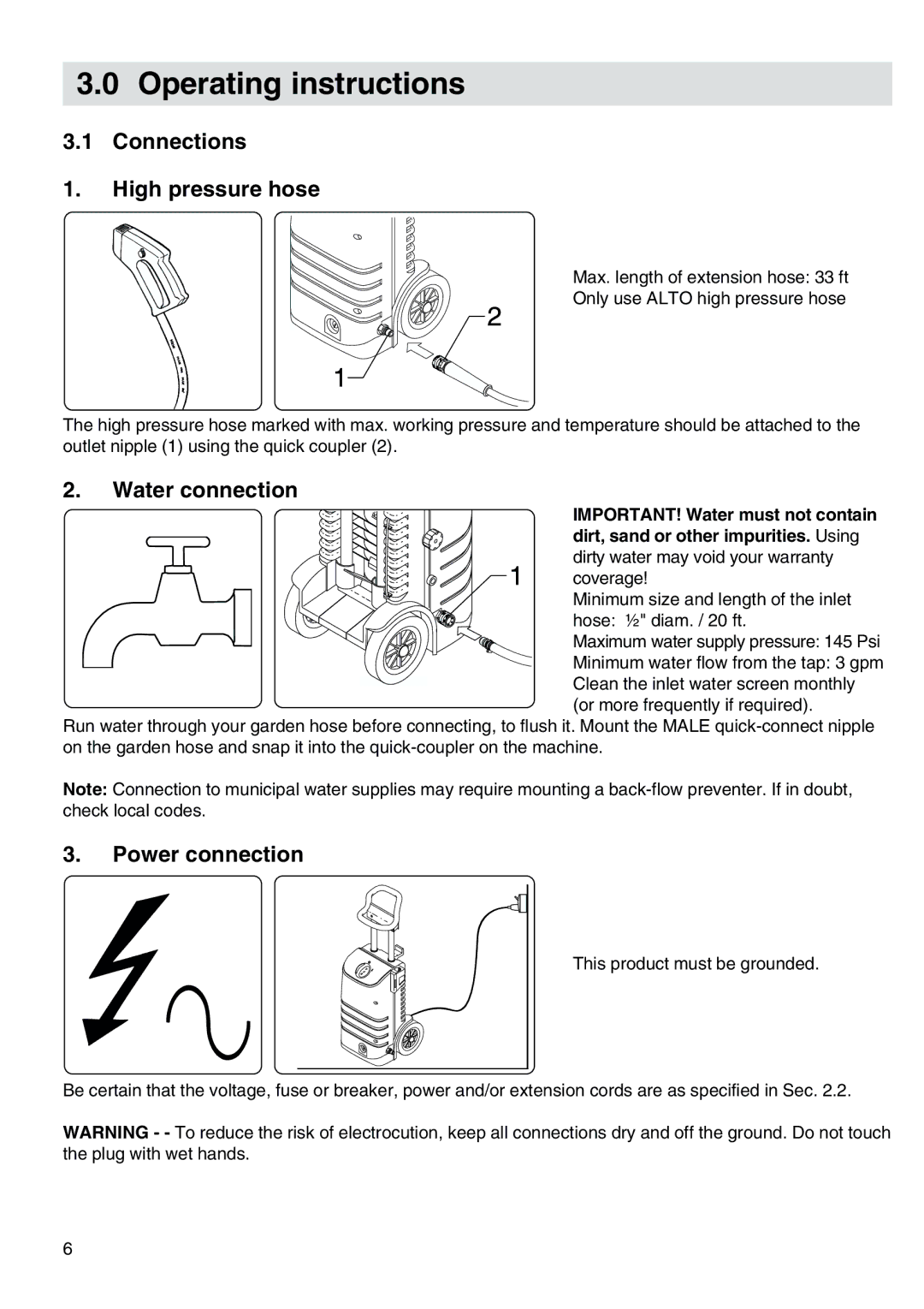 Nilfisk-ALTO 30CA COMPACT I Operating instructions, Connections High pressure hose, Water connection, Power connection 