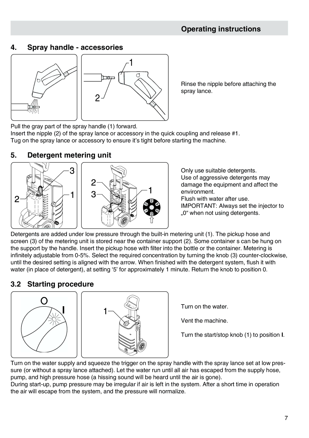 Nilfisk-ALTO 30CA COMPACT I Operating instructions Spray handle accessories, Detergent metering unit, Starting procedure 