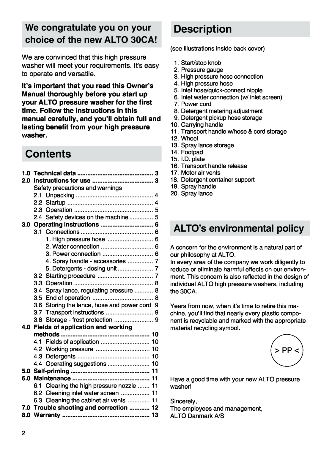 Nilfisk-ALTO 30CA COMPACT I Contents, Description, Fields of application and working, ALTO’s environmental policy 