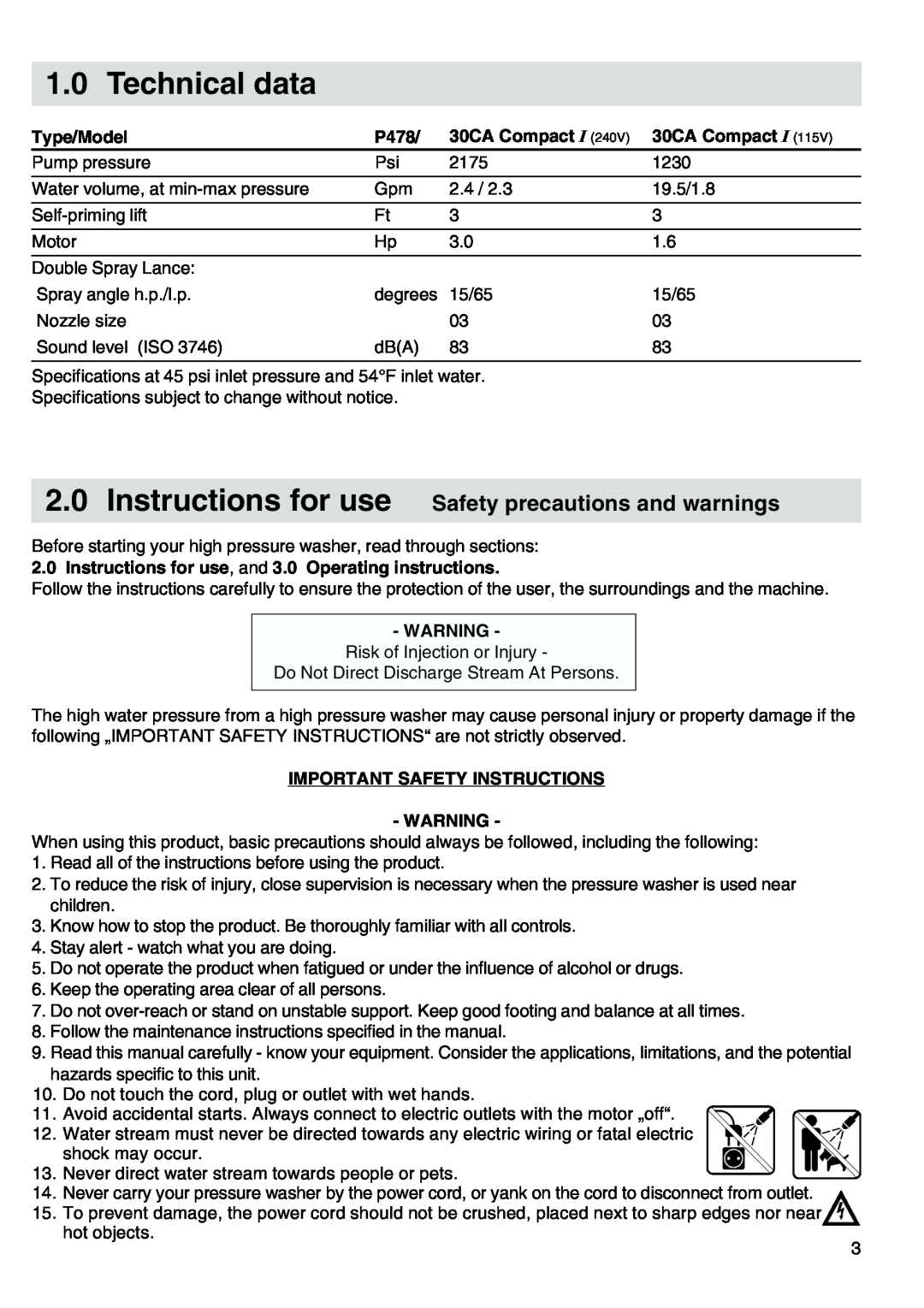 Nilfisk-ALTO 30CA COMPACT I Technical data, Instructions for use Safety precautions and warnings, Type/Model, P478 