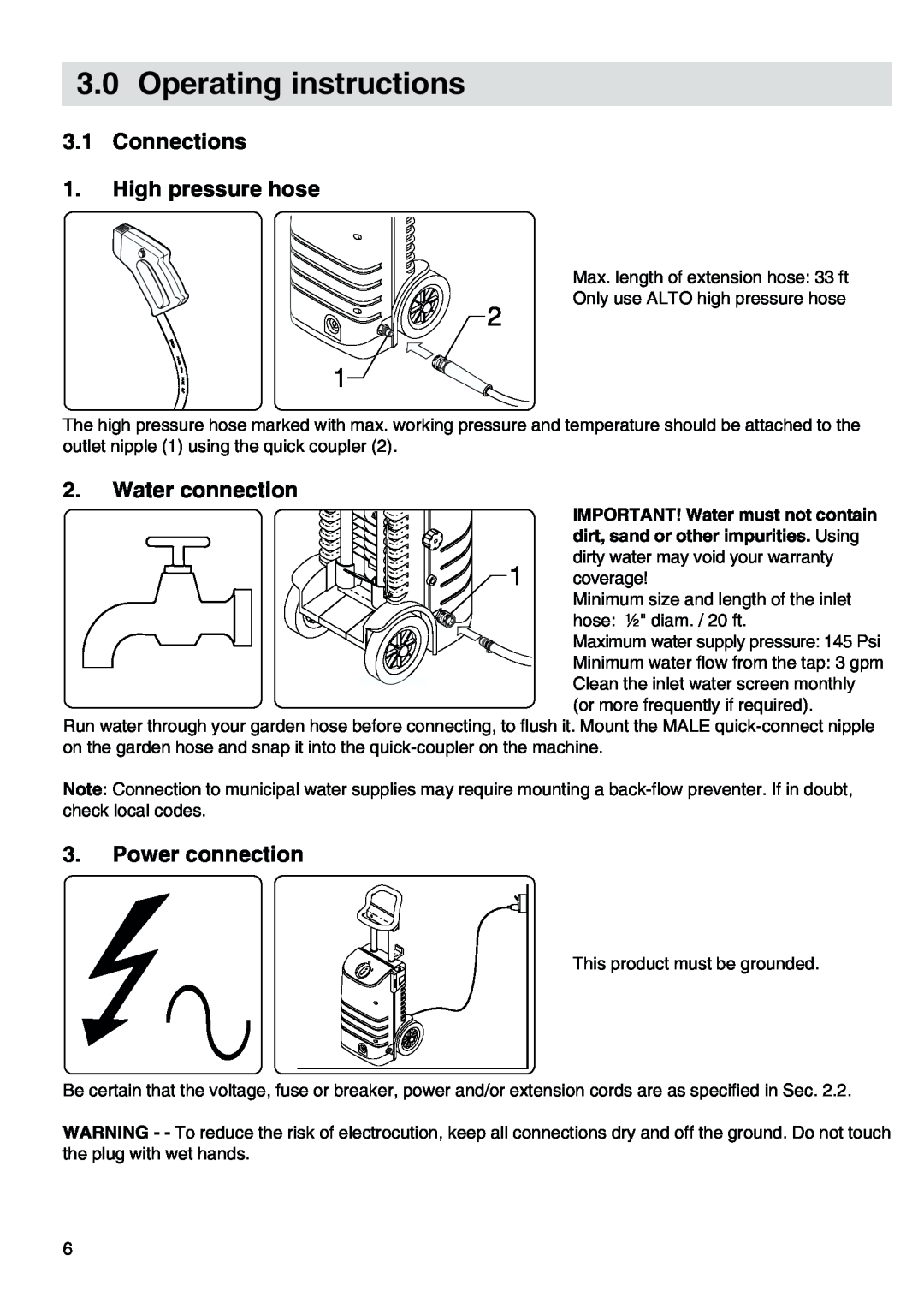 Nilfisk-ALTO 30CA COMPACT I Operating instructions, Connections 1. High pressure hose, Water connection, Power connection 