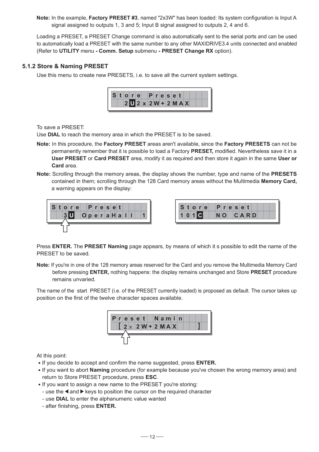 Nilfisk-ALTO 3.4 user manual Store & Naming Preset, O r e P r e s e t 2 x 2 W + 2 M a, O r e P r e s e t O p e r a H a l l 