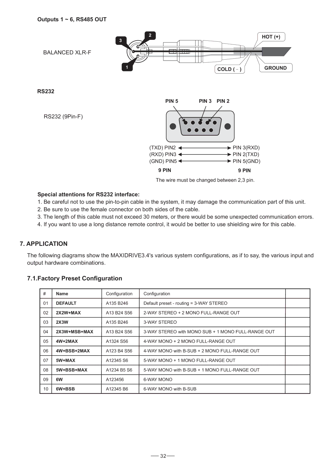 Nilfisk-ALTO 3.4 Factory Preset Configuration, Outputs 1 ~ 6, RS485 OUT, Special attentions for RS232 interface 