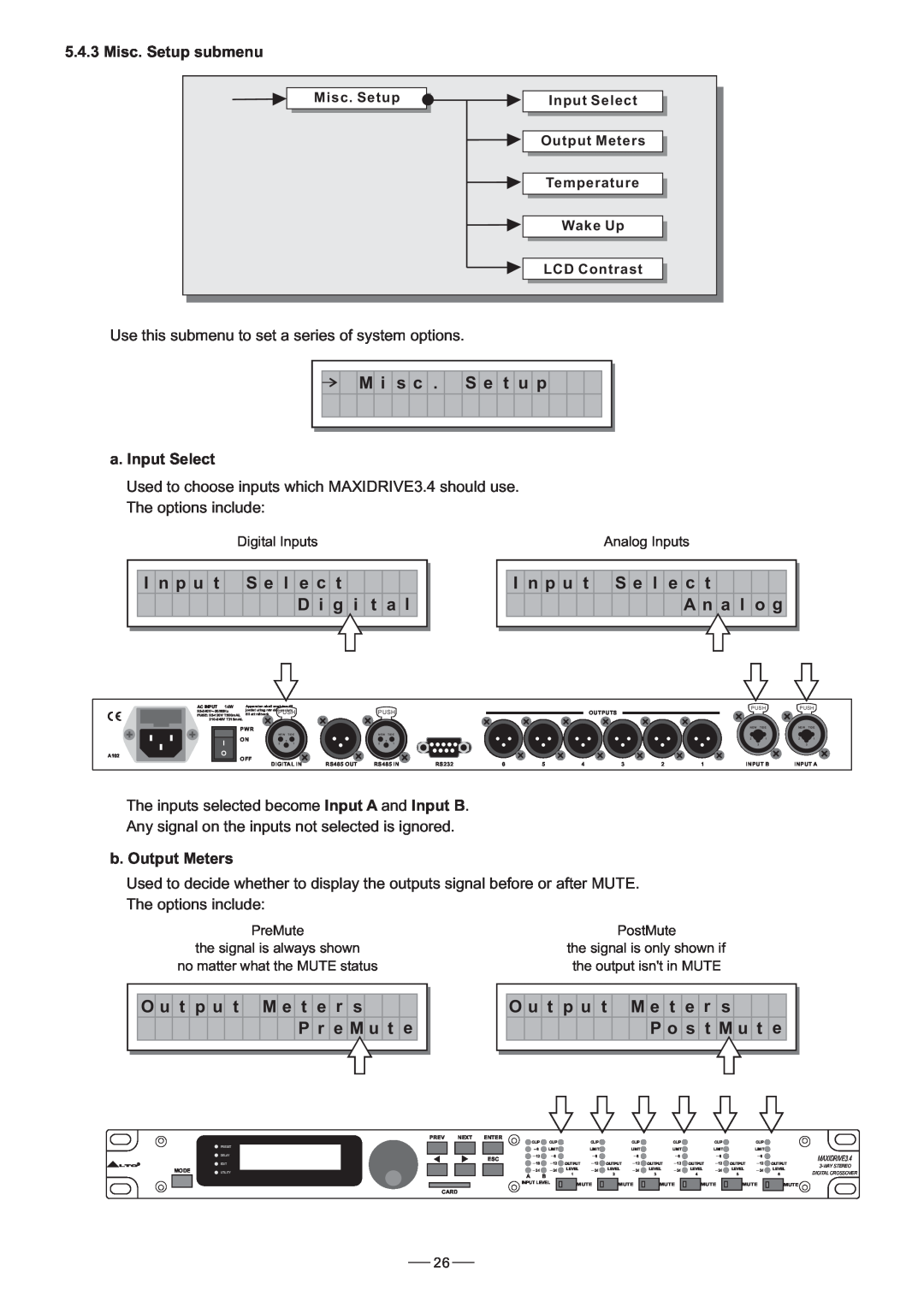 Nilfisk-ALTO 3.4 Misc. Setup submenu, a. Input Select, b. Output Meters, Digital Inputs, PreMute, PostMute, Push, Outputs 