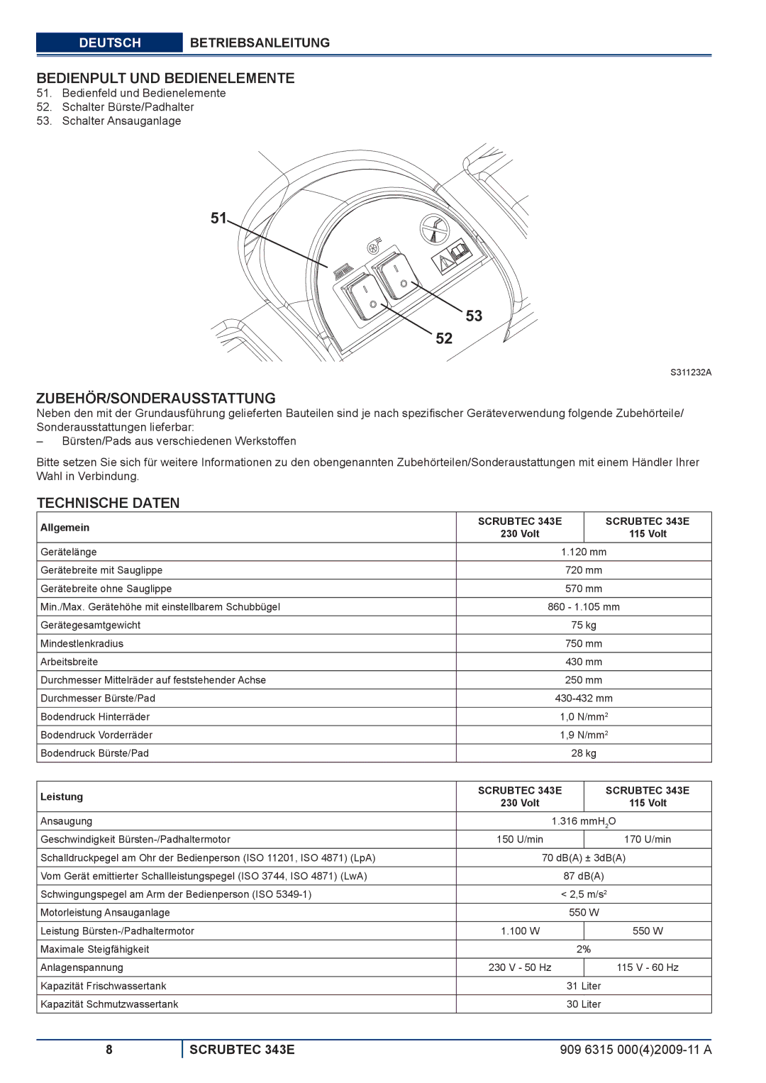 Nilfisk-ALTO 343E Bedienpult UND Bedienelemente, Zubehör/Sonderausstattung, Technische Daten, Allgemein, Leistung 