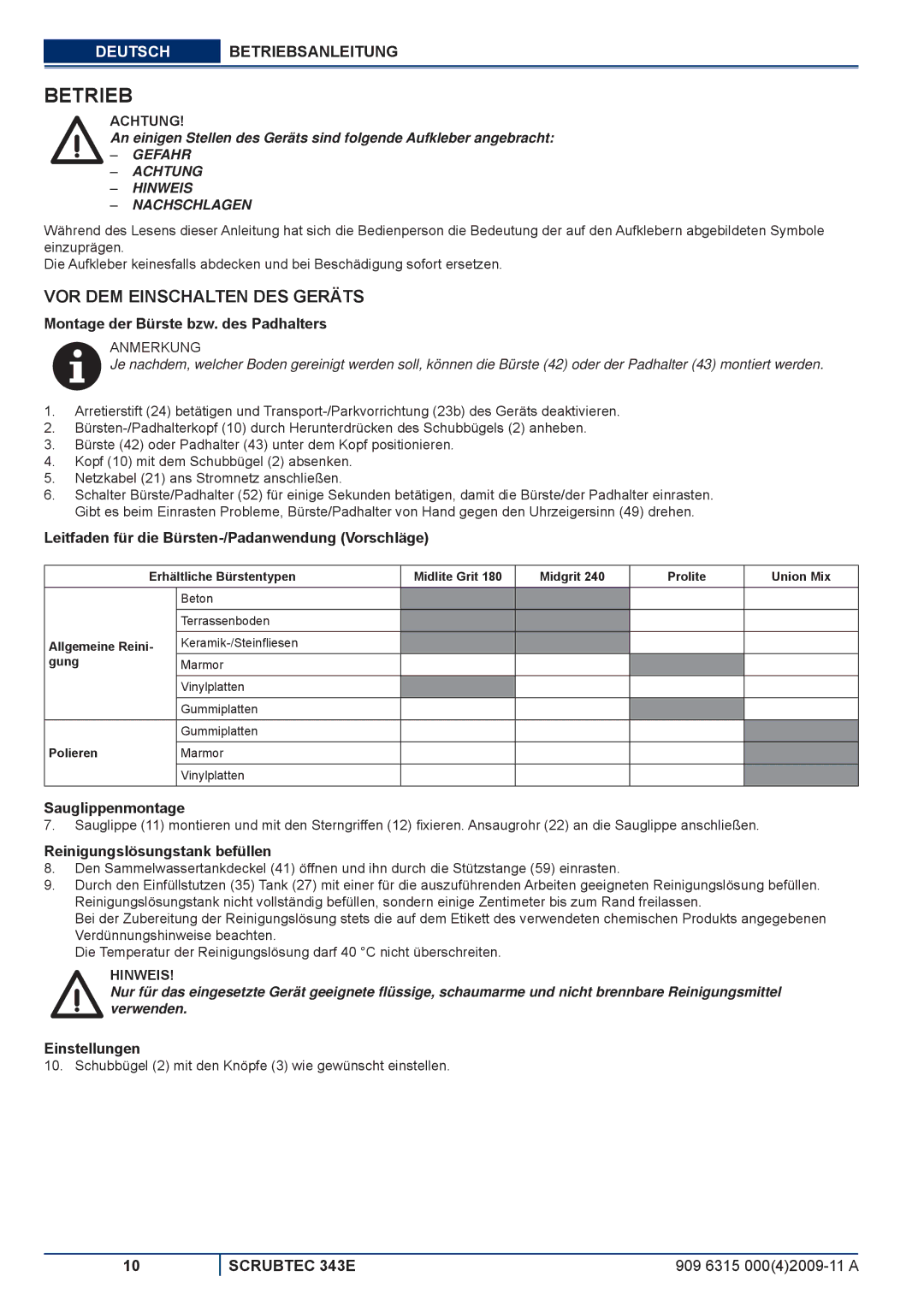 Nilfisk-ALTO 343E manuel dutilisation Betrieb, VOR DEM Einschalten DES Geräts 