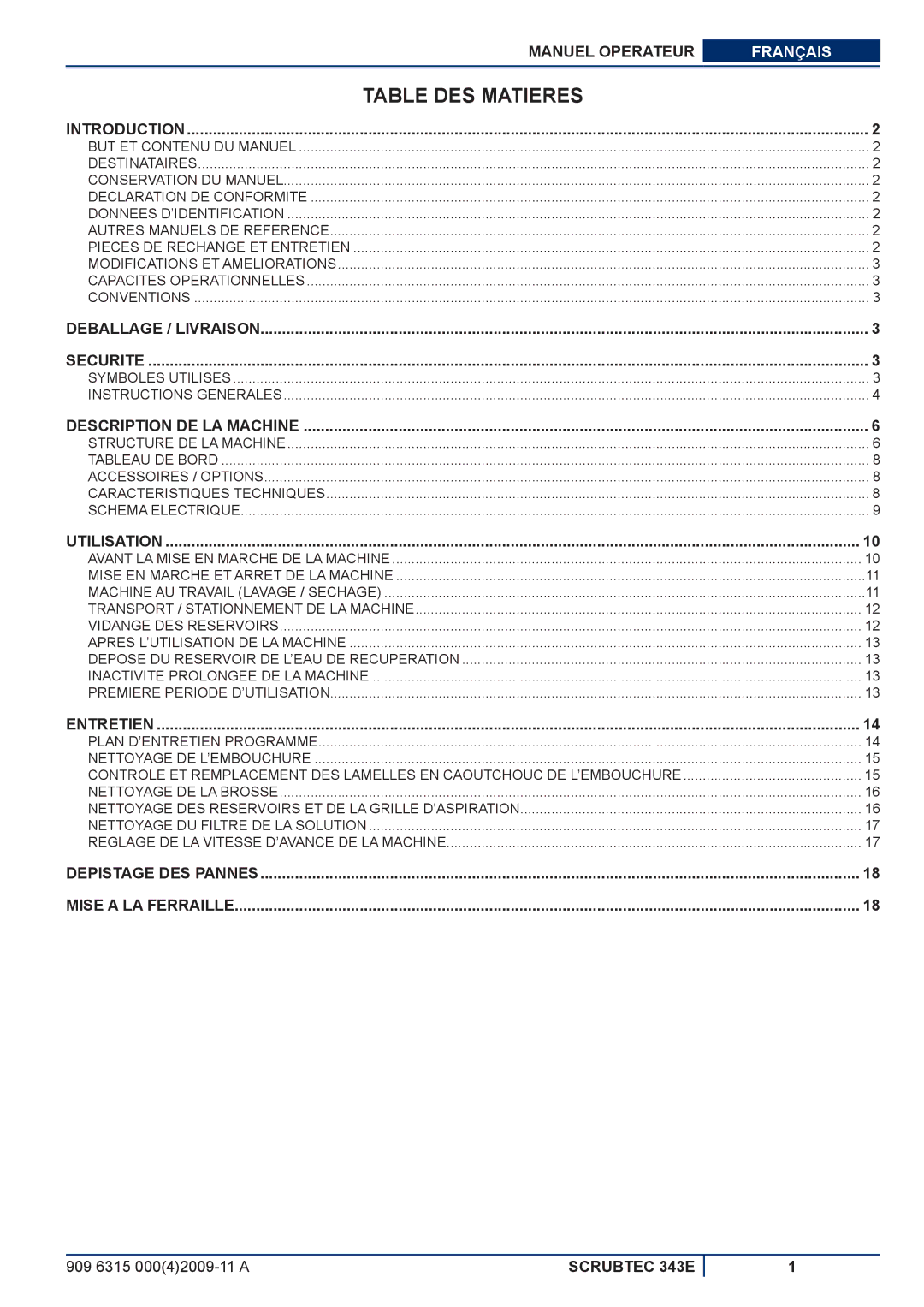 Nilfisk-ALTO 343E manuel dutilisation Table DES Matieres, Introduction 