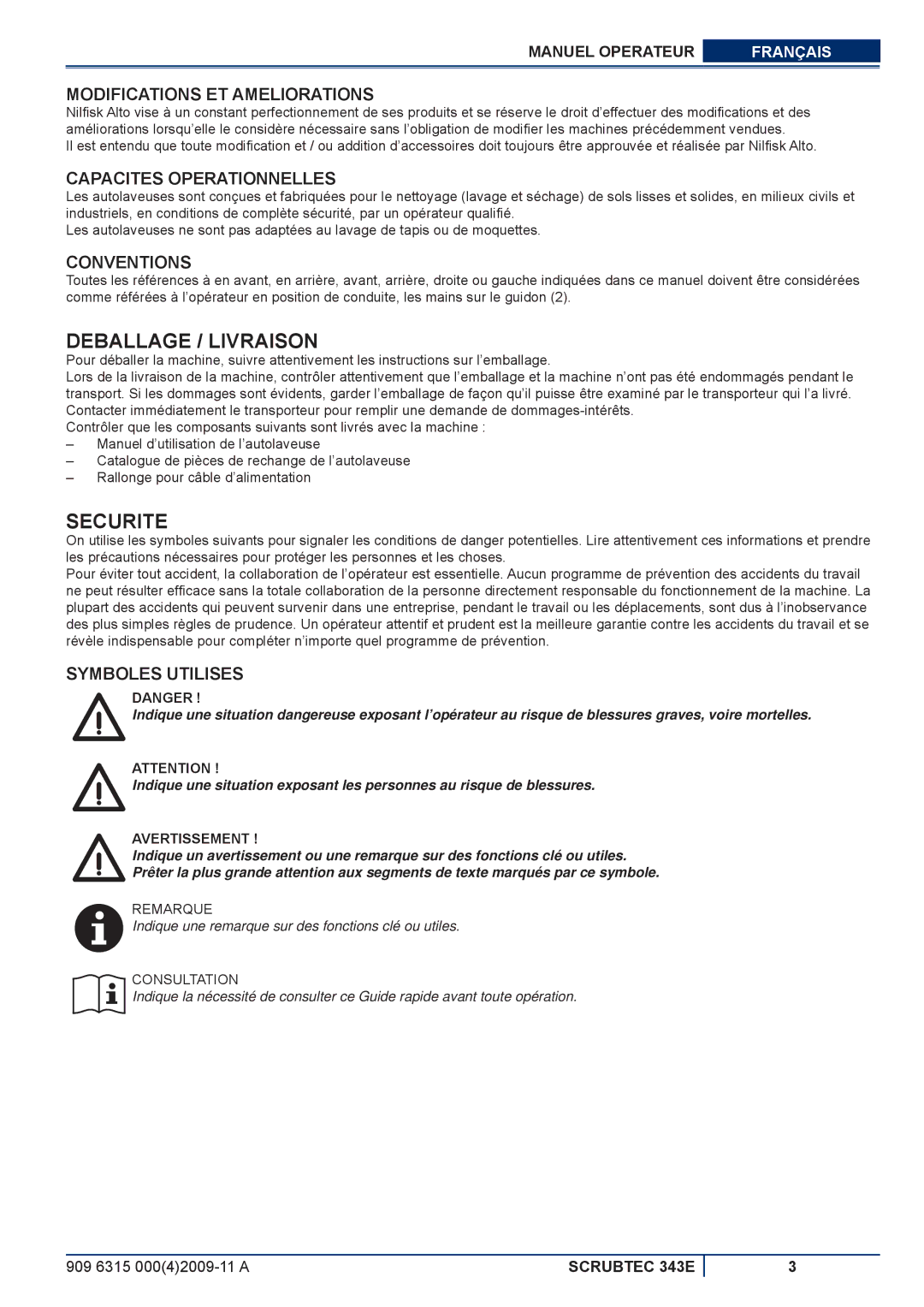 Nilfisk-ALTO 343E manuel dutilisation Deballage / Livraison, Securite 