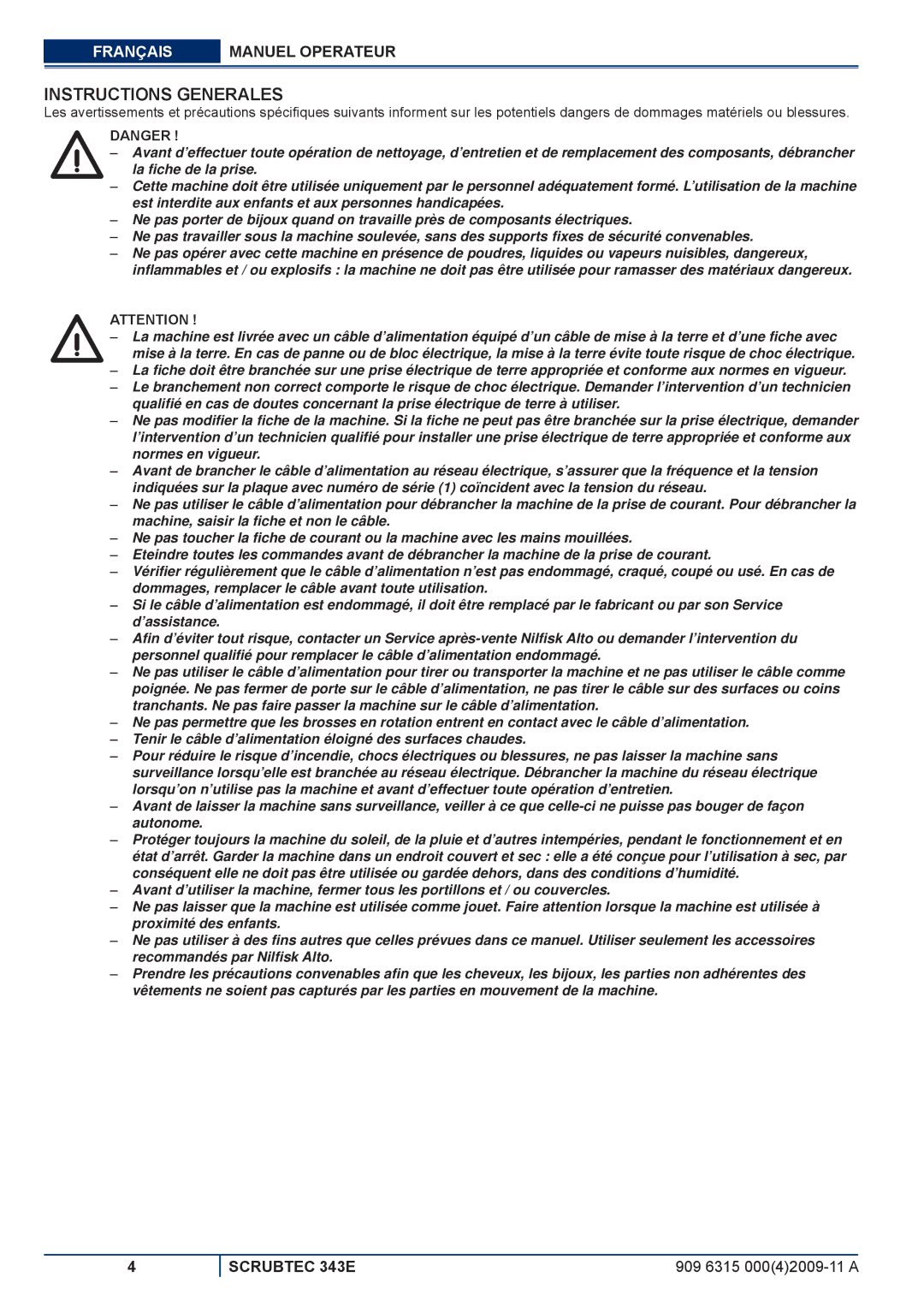 Nilfisk-ALTO 343E manuel dutilisation Instructions Generales 