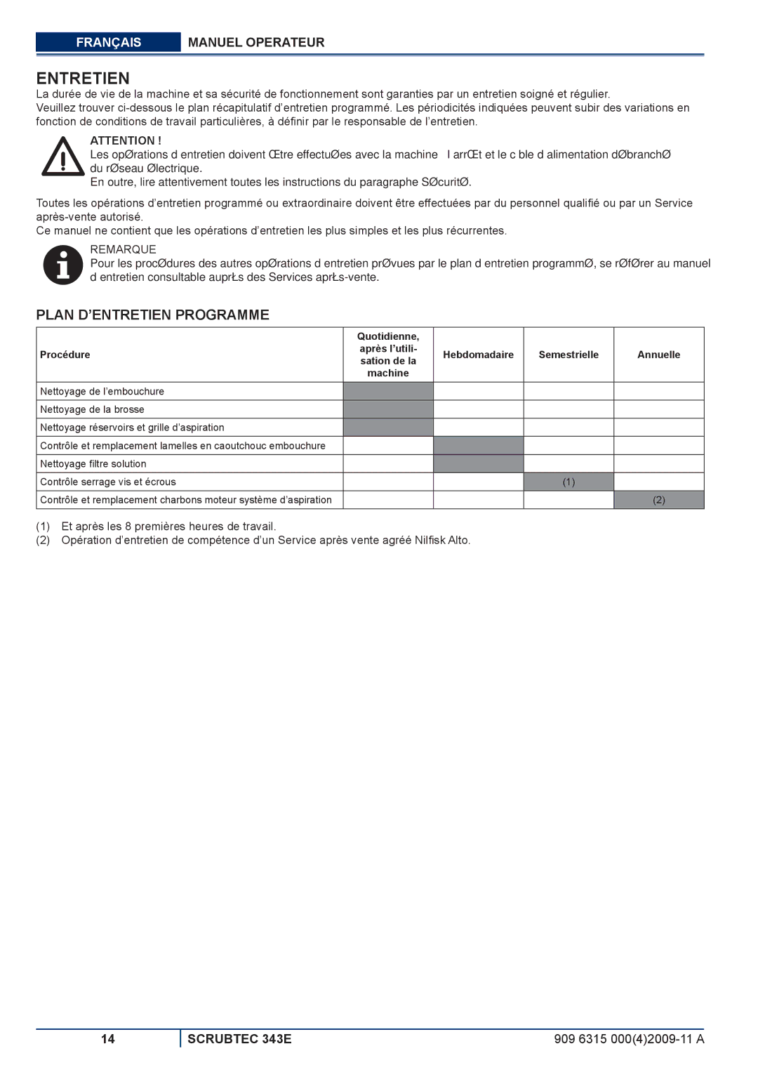 Nilfisk-ALTO 343E manuel dutilisation Entretien, Plan D’ENTRETIEN Programme, Quotidienne Procédure, Hebdomadaire 