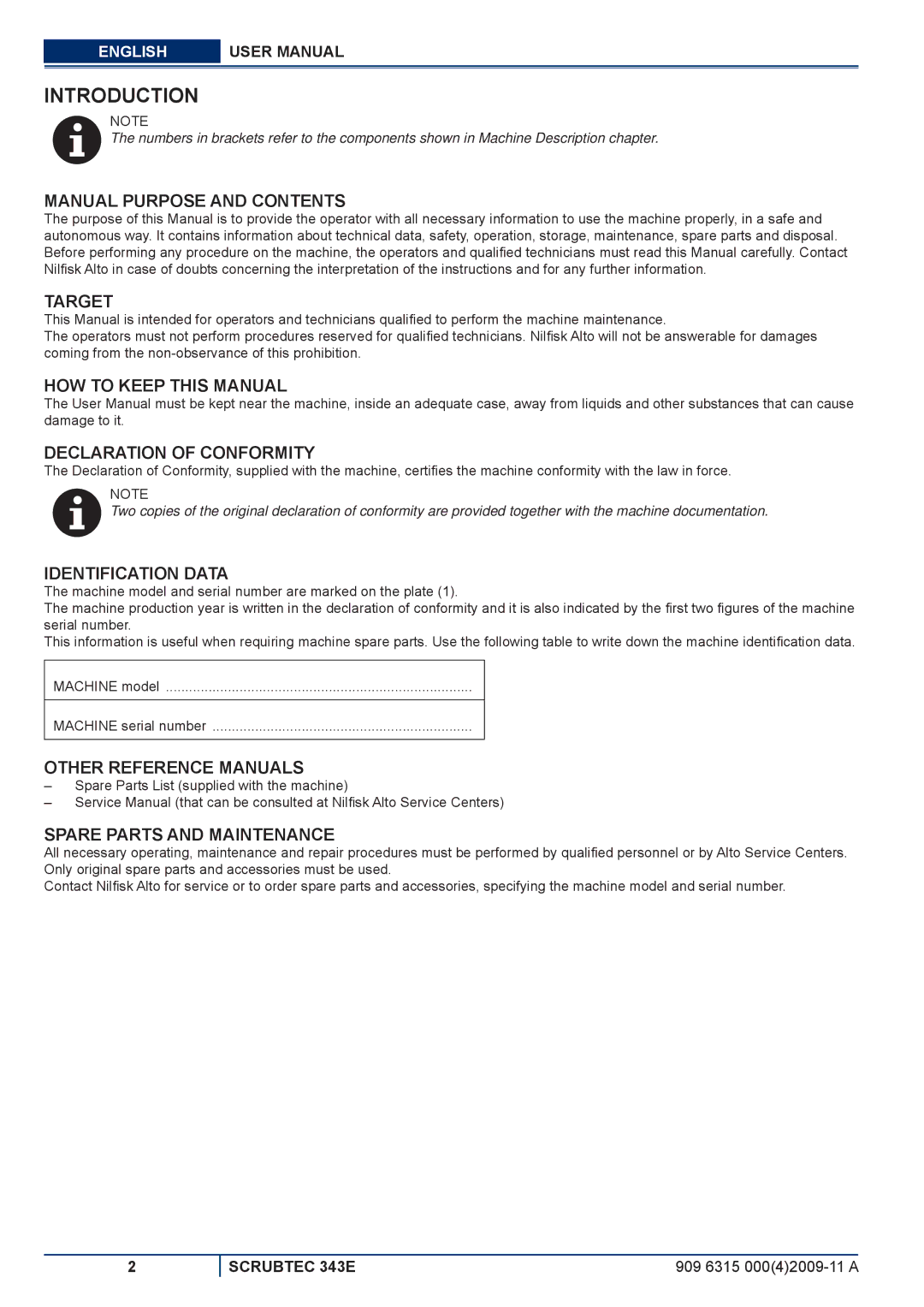 Nilfisk-ALTO 343E Manual Purpose and Contents, Target, HOW to Keep this Manual Declaration of Conformity 