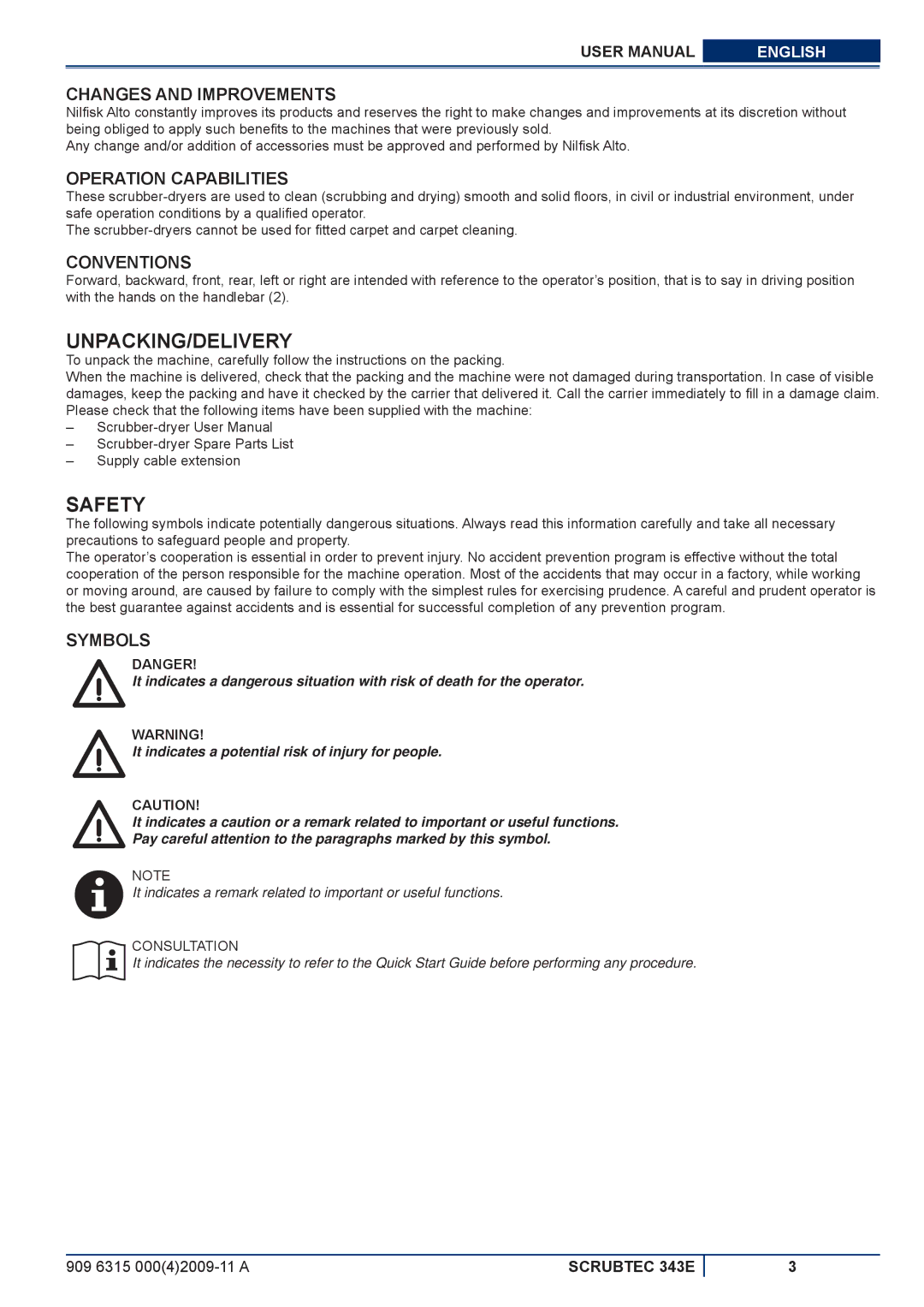 Nilfisk-ALTO 343E manuel dutilisation Unpacking/Delivery, Safety, Changes and Improvements, Operation Capabilities, Symbols 