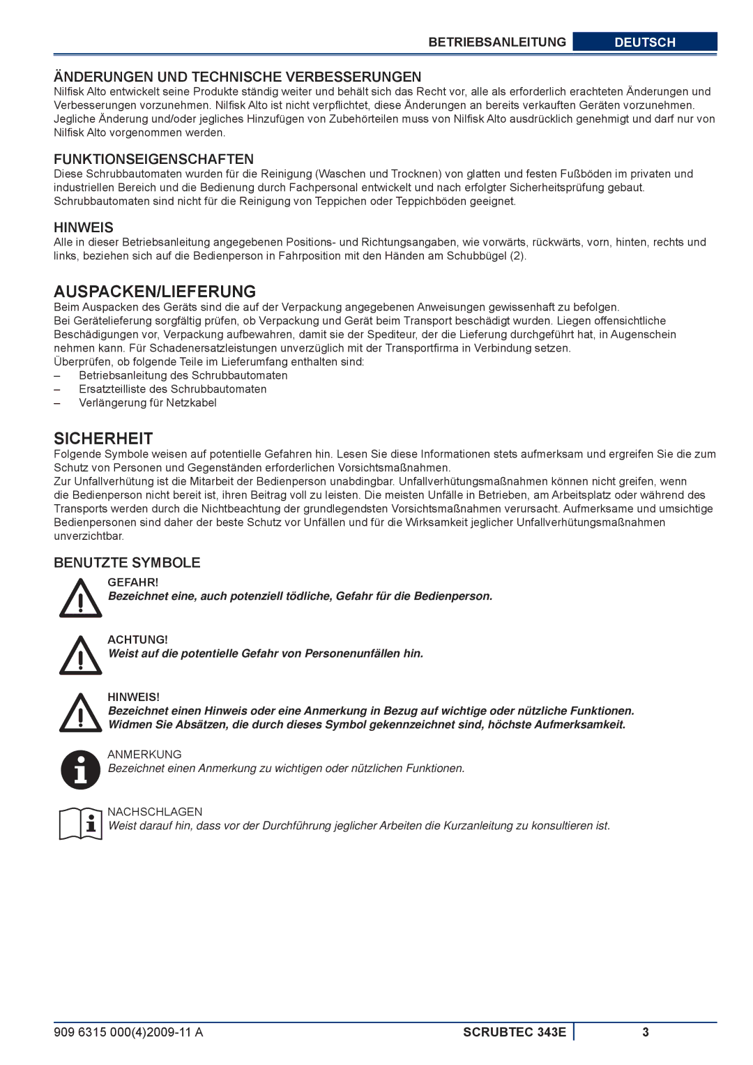 Nilfisk-ALTO 343E manuel dutilisation Auspacken/Lieferung, Sicherheit 