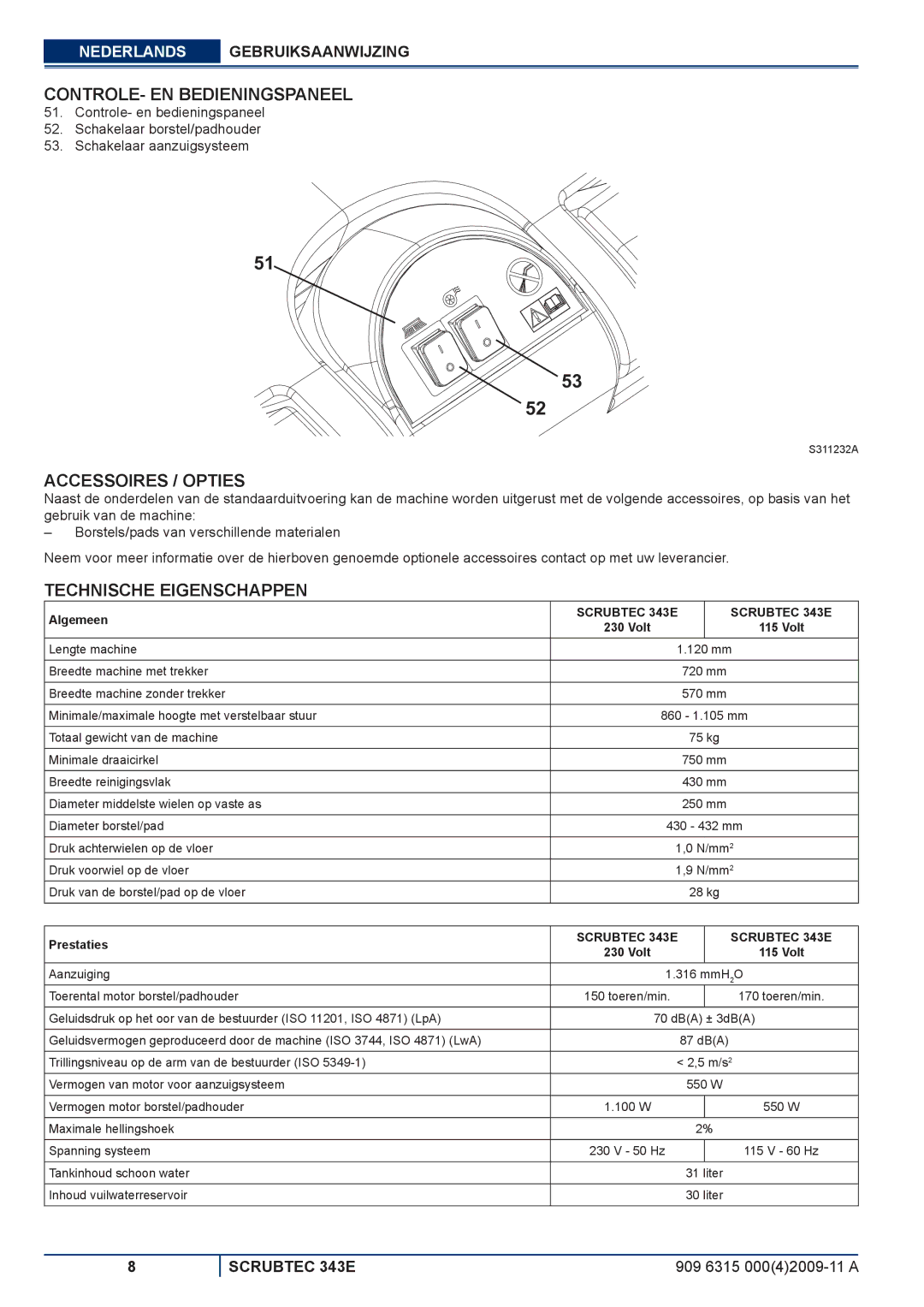 Nilfisk-ALTO 343E CONTROLE- EN Bedieningspaneel, Accessoires / Opties, Technische Eigenschappen, Algemeen, Prestaties 