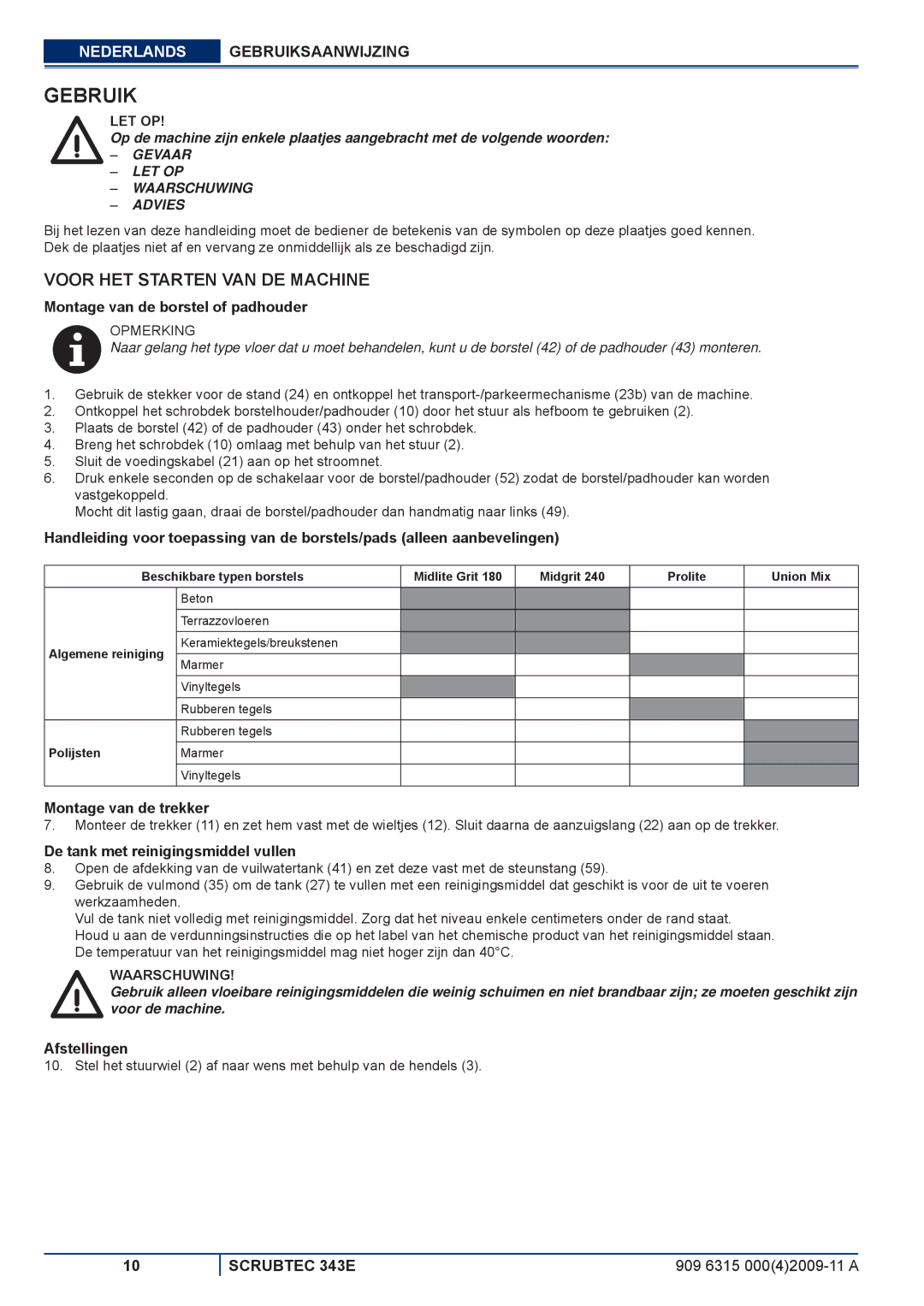 Nilfisk-ALTO 343E manuel dutilisation Gebruik, Voor HET Starten VAN DE Machine 