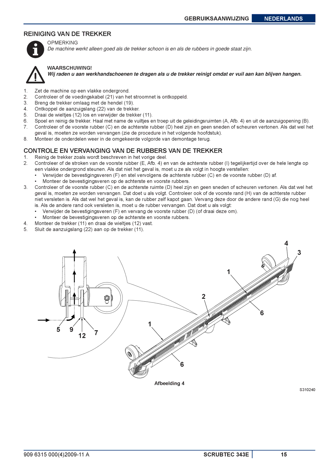 Nilfisk-ALTO 343E manuel dutilisation Reiniging VAN DE Trekker, Controle EN Vervanging VAN DE Rubbers VAN DE Trekker 