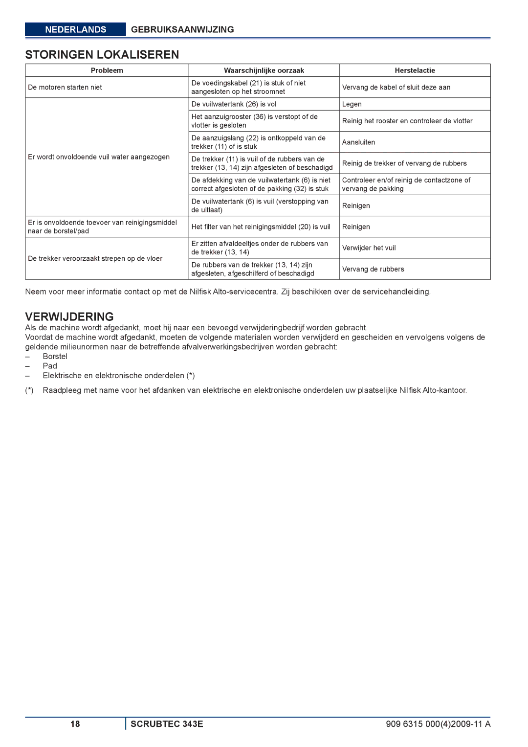 Nilfisk-ALTO 343E manuel dutilisation Storingen Lokaliseren, Verwijdering, Probleem Waarschijnlijke oorzaak Herstelactie 