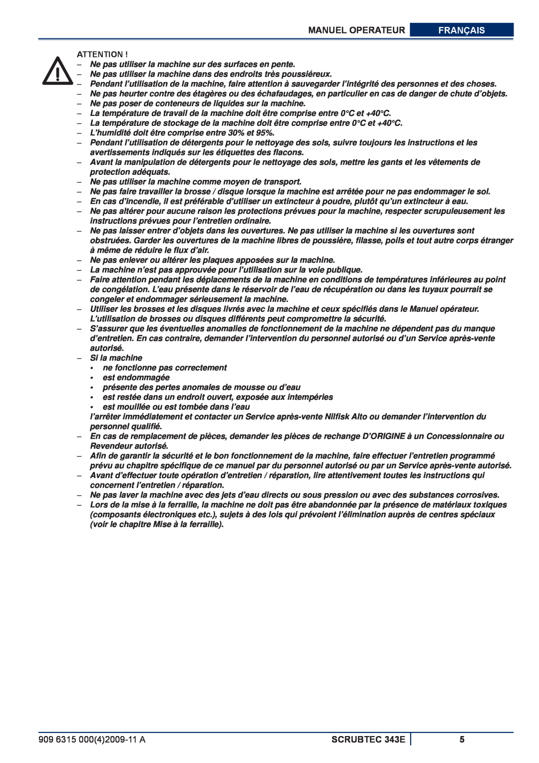 Nilfisk-ALTO manuel dutilisation Manuel Operateur, Français, 909 6315 00042009-11A, SCRUBTEC 343E 
