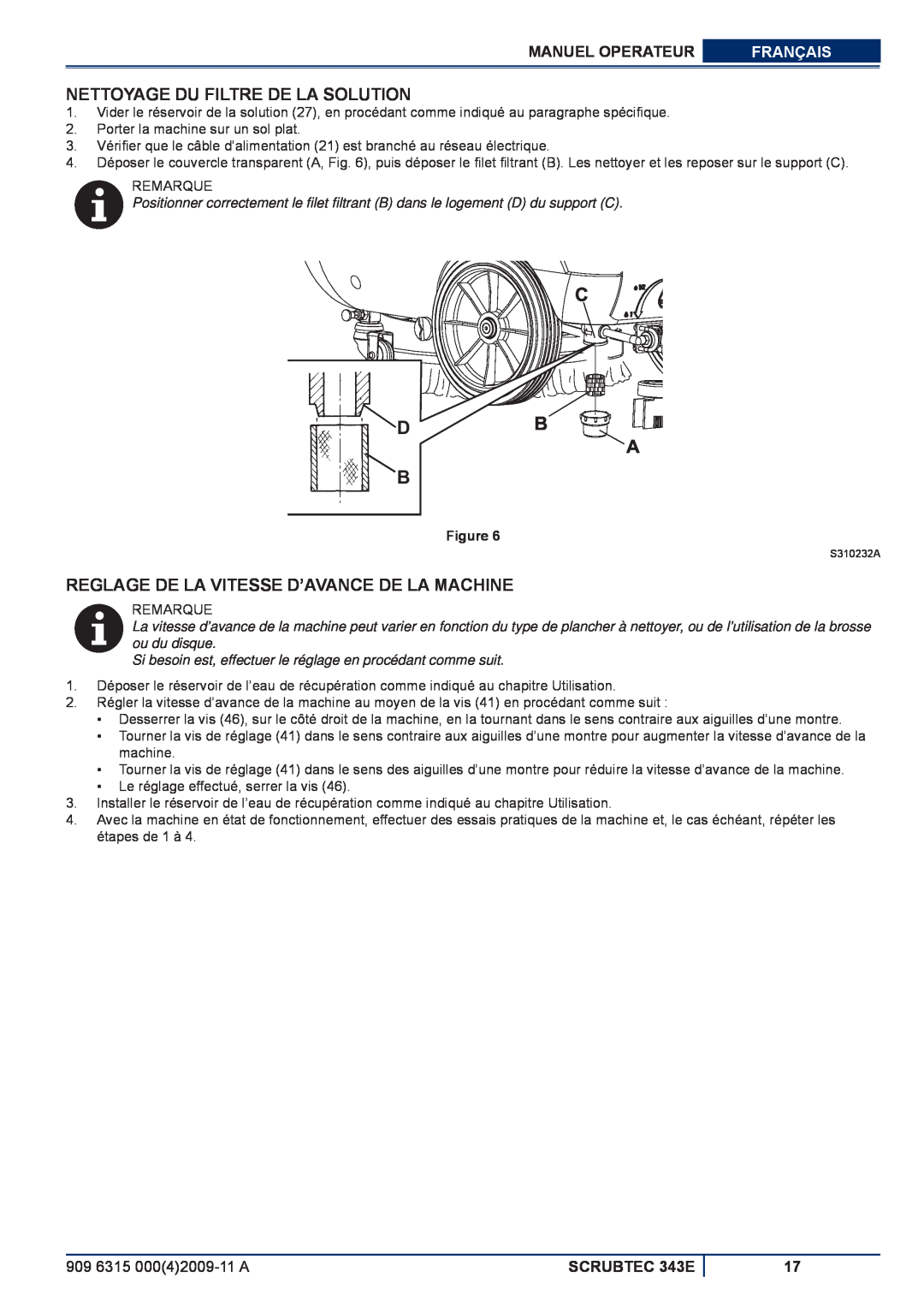 Nilfisk-ALTO 343E Nettoyage Du Filtre De La Solution, Reglage De La Vitesse D’Avance De La Machine, Manuel Operateur 