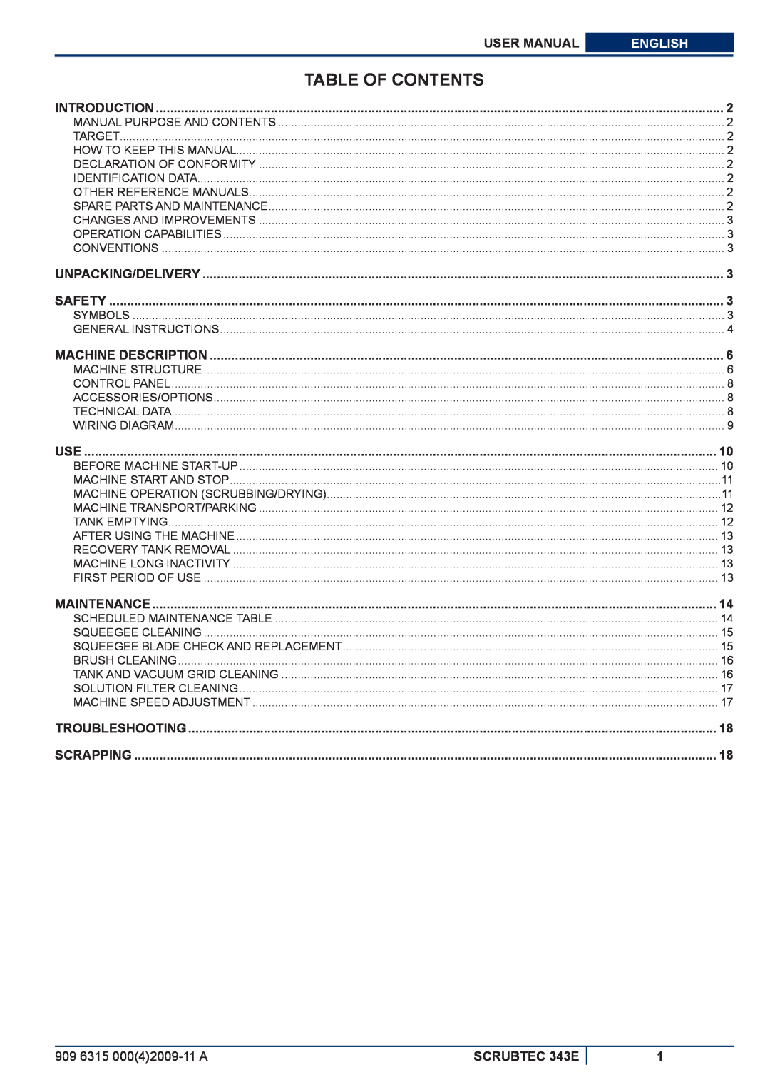 Nilfisk-ALTO manuel dutilisation Table Of Contents, User Manual, English, 909 6315 00042009-11A, SCRUBTEC 343E 