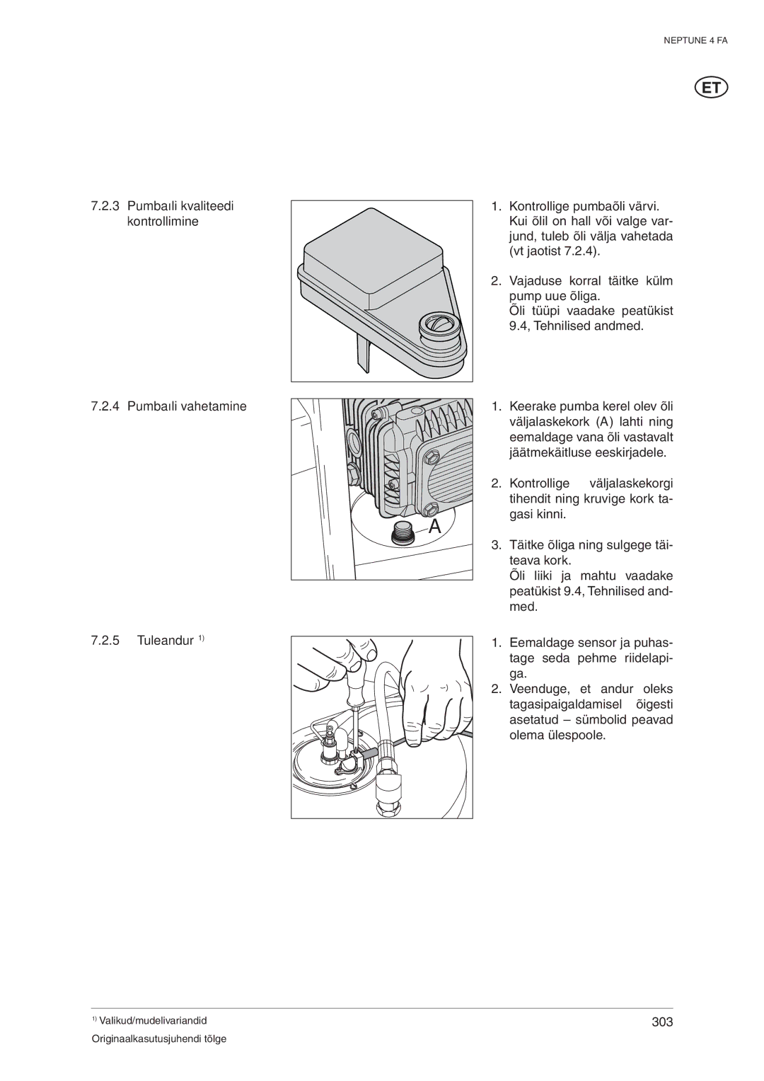 Nilfisk-ALTO 4 FA operating instructions Pumbaõli kvaliteedi kontrollimine, Pumbaõli vahetamine Tuleandur1 