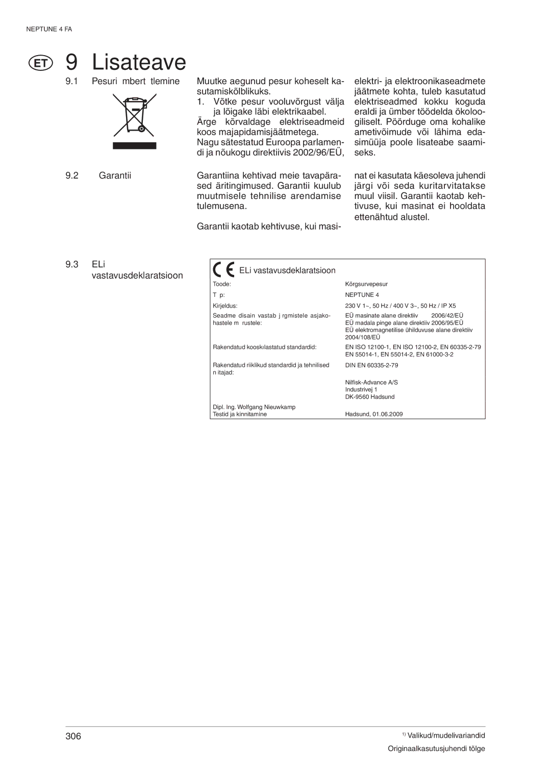 Nilfisk-ALTO 4 FA operating instructions Lisateave, Garantii, ELi vastavusdeklaratsioon 