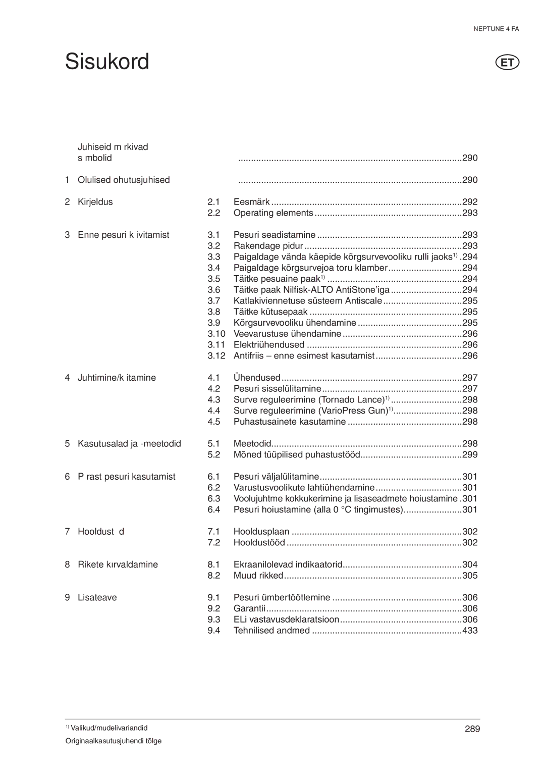 Nilfisk-ALTO 4 FA operating instructions Sisukord 